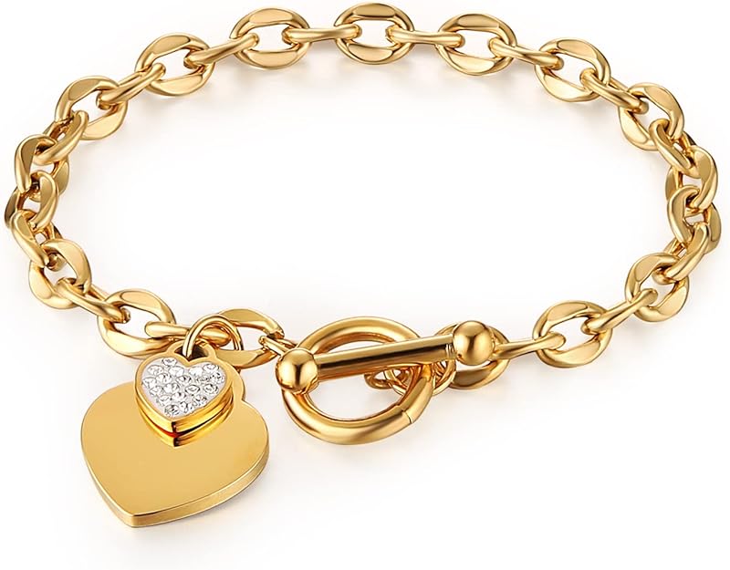 Heart Toggle Bracelet, Personalized Double Heart Charm Bracelet Gold IP Plated Stainless Steel Bracelet with Toggle Clasp Closure 7.3 Inches