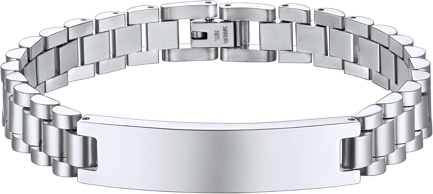 Personalized Mens ID Bracelet - 10mm Stainless Steel Mens Custom Engraved ID Bracelet 8.25 Inches - SSB207-S
