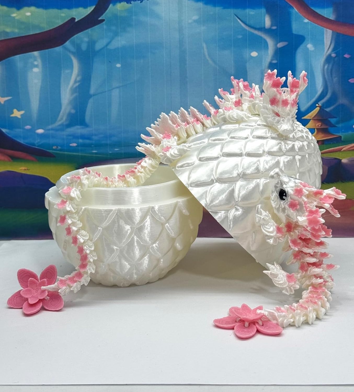 3D Printed Dragons with Egg, Articulated Mother and Child Dragons, White and Pink Cherry Blossom Baby Dragon, Fidget ADHD Autism Toy MCD-016-004-PNK-WE