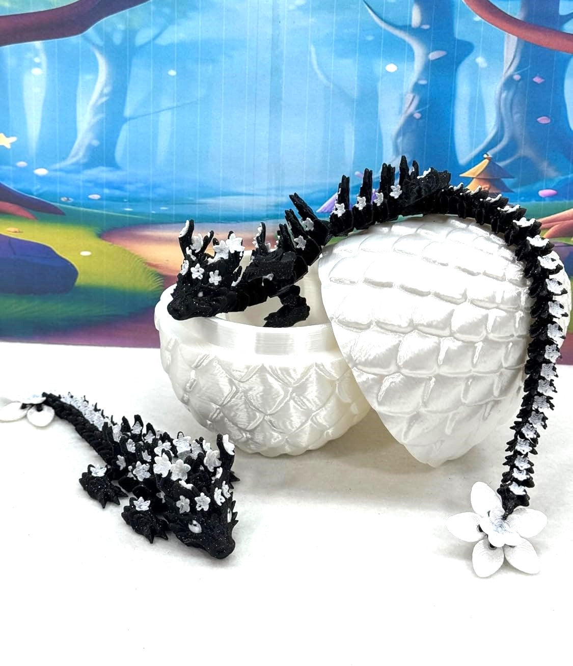 3D Printed Dragons with Dragon Egg, Articulated Mother and Child Dragons, Black and White Cherry Blossom Baby Dragon, Fidget ADHD Autism Toy MCD-019-004-BLK-WE