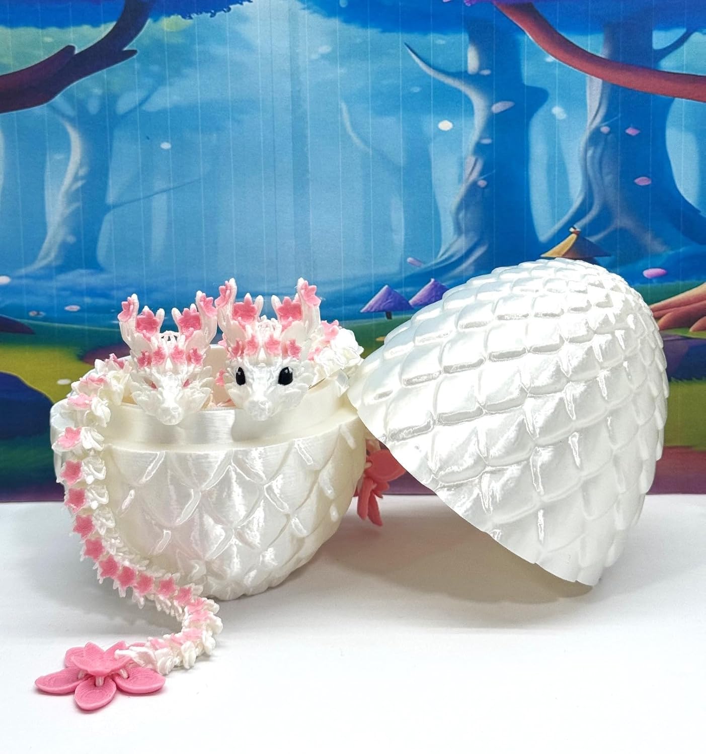 3D Printed Dragons with Egg, Articulated Mother and Child Dragons, White and Pink Cherry Blossom Baby Dragon, Fidget ADHD Autism Toy MCD-016-004-PNK-WE
