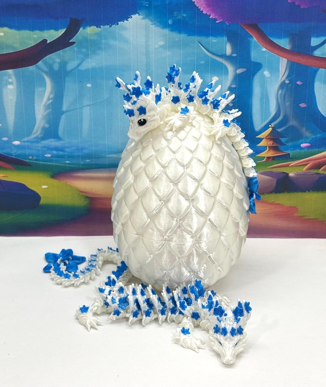 2pcs 3D Printed Dragons with Egg, Articulated Mother and Child Cherry Blossom Dragons, Fidget ADHD Toy, White and Blue Dragons - MCD17WB-04WB