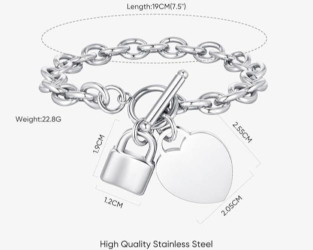 Heart Toggle Bracelet , Personalized Initial Name Stainless Steel Trendy Cable Chain Bracelet Set with Padlock Heart Charm and Toggle Clasp Closure 7.5 Inches