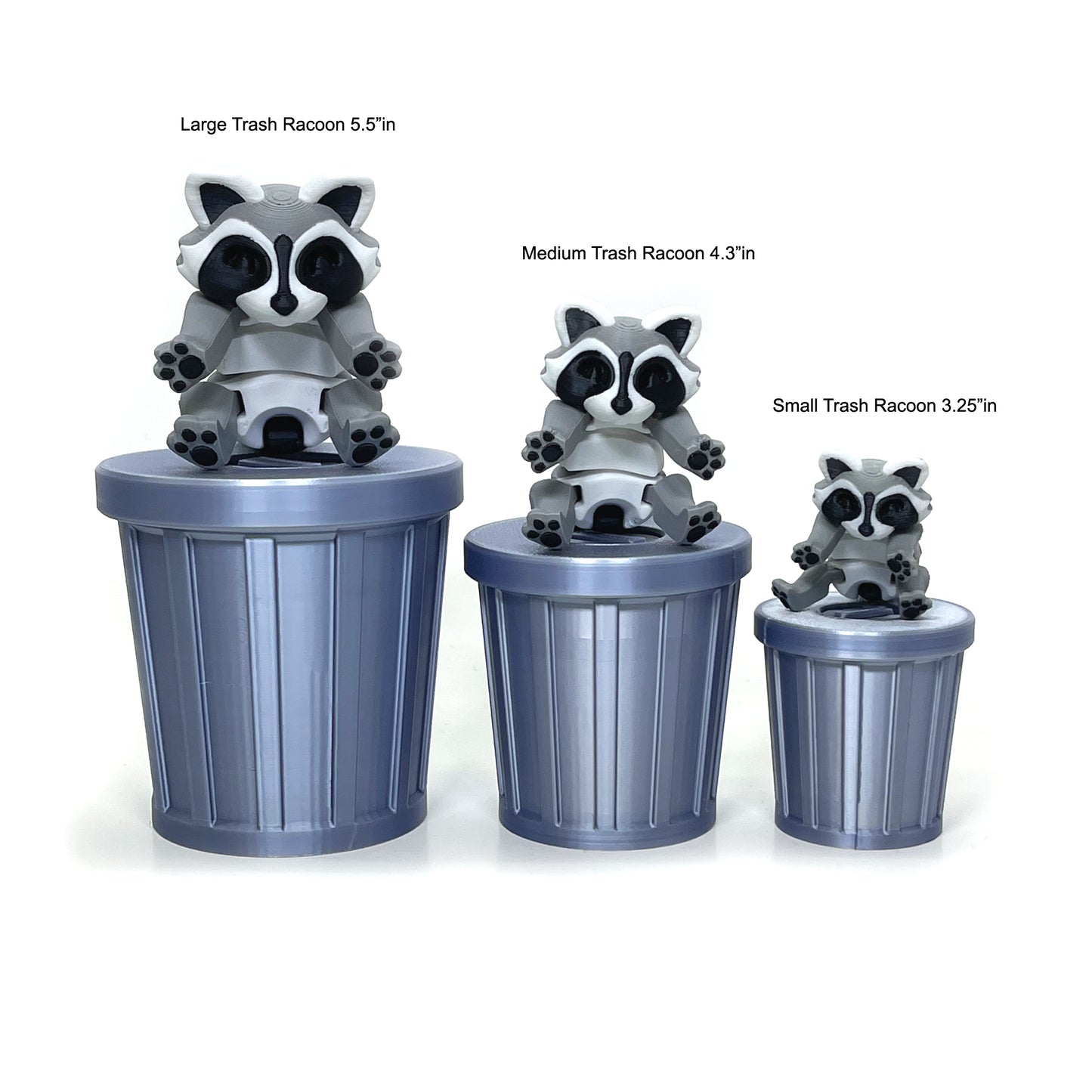 3PCS 3D Printed Racoon with Trashcan, Articulated Gray and Black Trash Panda Racoons, Tiny Animal Figures, Birthday Party Decorations AR001-SET