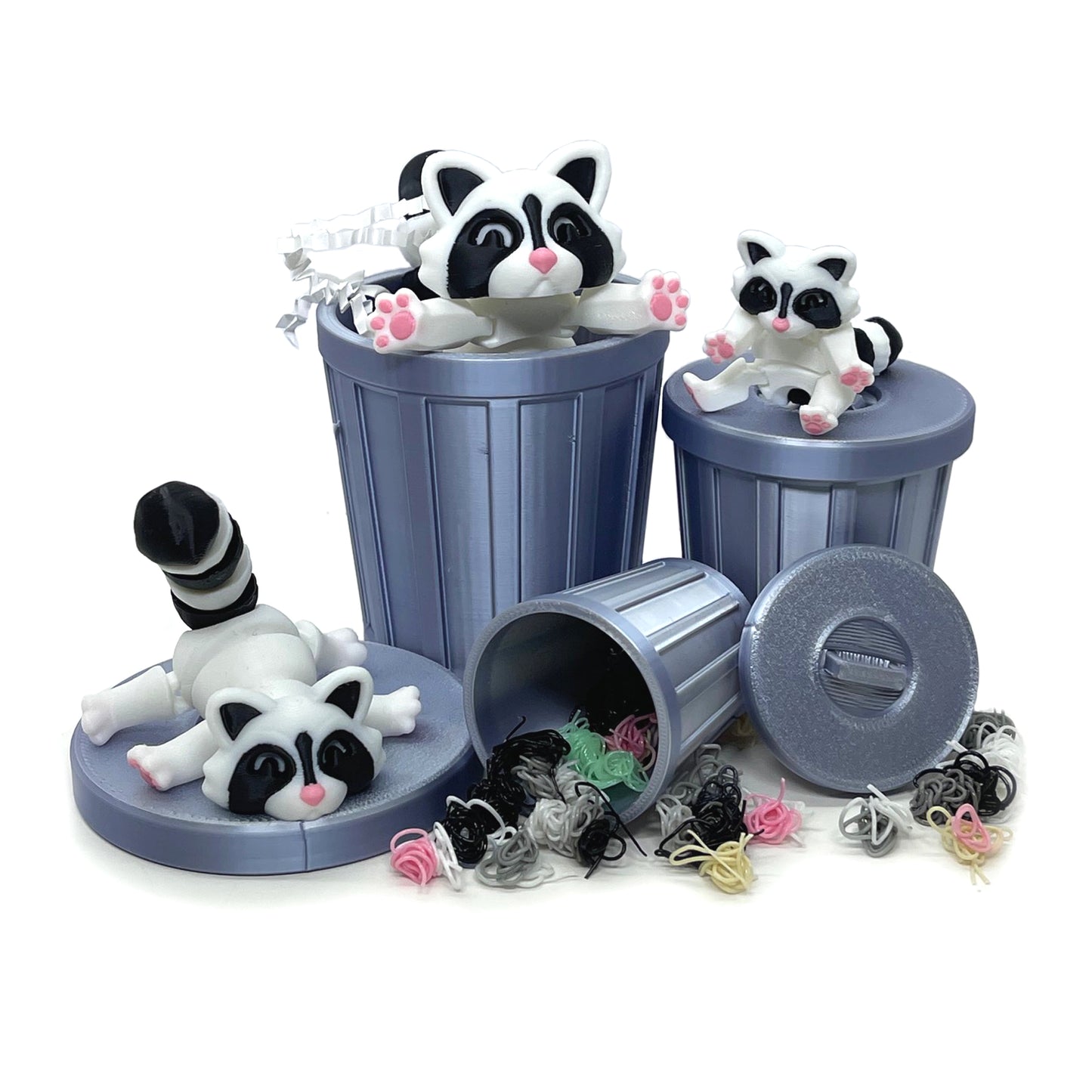 3PCS 3D Printed Racoon with Trashcan, Articulated White and Black Trash Panda racoons, Tiny Animal Figures, Birthday Party Decorations AR004-SET