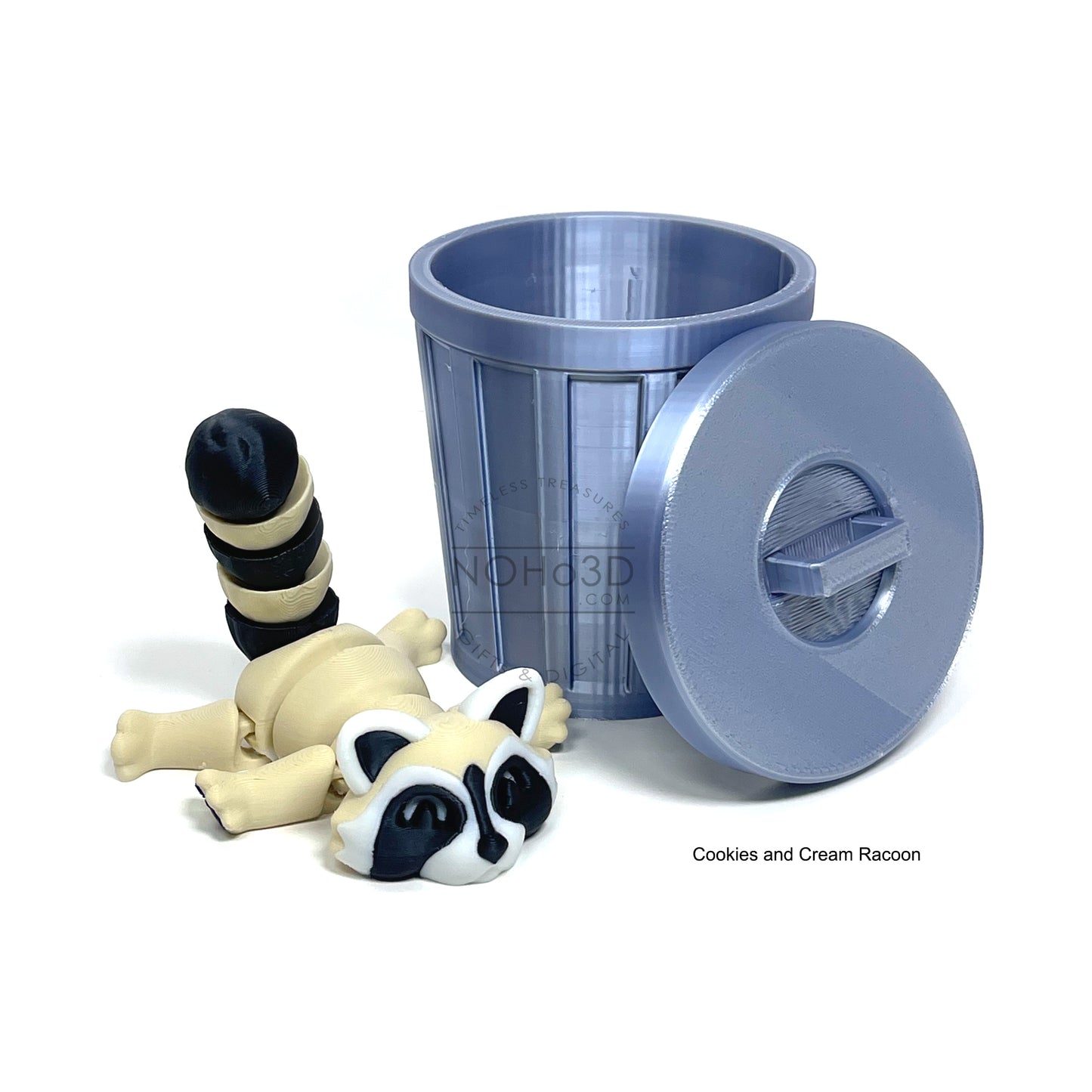 3D Printed Racoon with Trashcan, Articulated Cookies and Cream Trash Panda racoons, Tiny Animal Figures, Fidget ADHD Autism Toy AR005