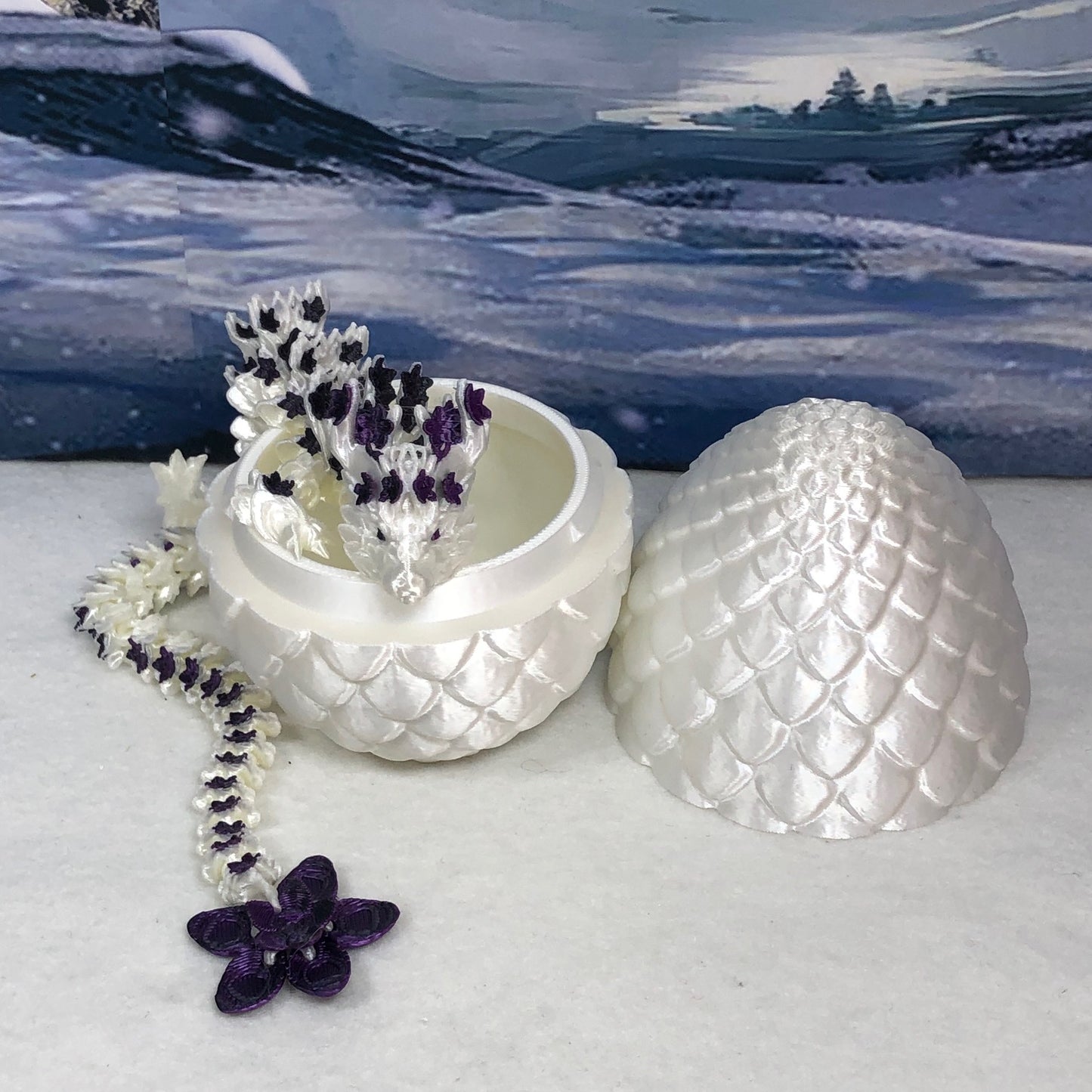 3D Printed Dragon with Egg, Articulated White and Purple Cherry Blossom Dragon, Fidget ADHD Dragon Toy - D017-BPU