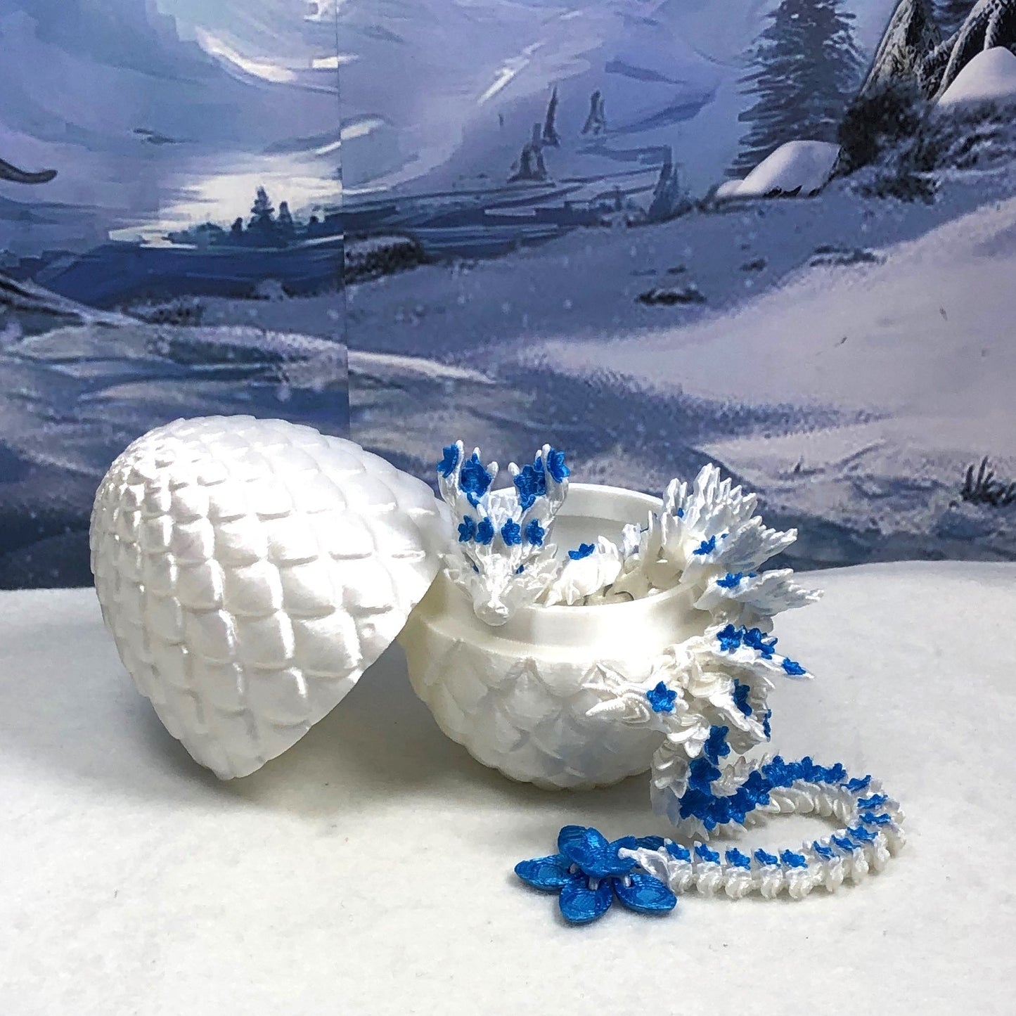 3D Printed Dragon with Egg, Articulated White and Blue Cherry Blossom Dragon, Fidget ADHD Dragon Toy - D017-WB