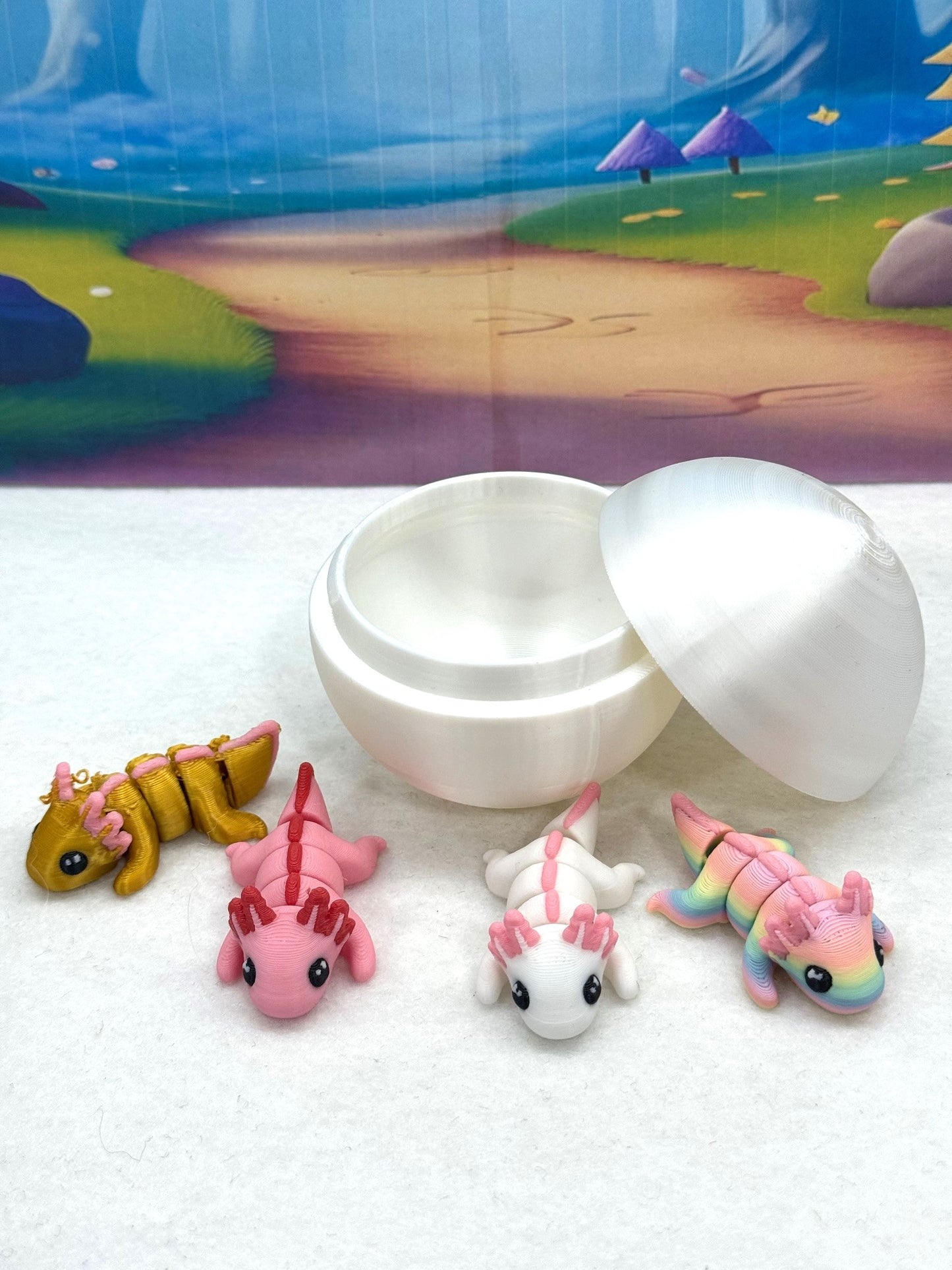 3D Printed Articulated Mini Axolotl with Egg, 4pcs Colorful Fidget Mini Axolotl Figures, Tiny Animal Figures, Birthday Party Decorations MA001