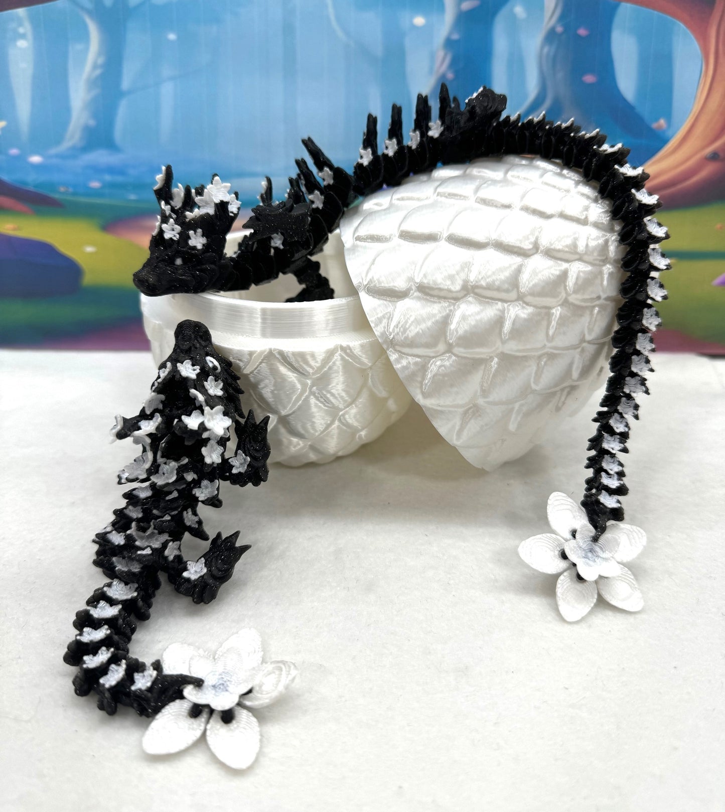 3D Printed Dragons with Dragon Egg, Articulated Mother and Child Dragons, Black and White Cherry Blossom Baby Dragon, Fidget ADHD Autism Toy MCD-019-004-BLK-WE