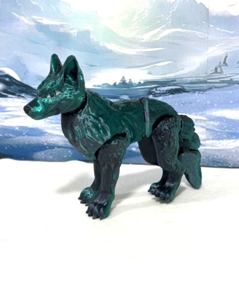 Articulated Wolf Toy, 3D Printed Wolf, 4.75" Black and Green Executive Desk Decor, Fidget Toy