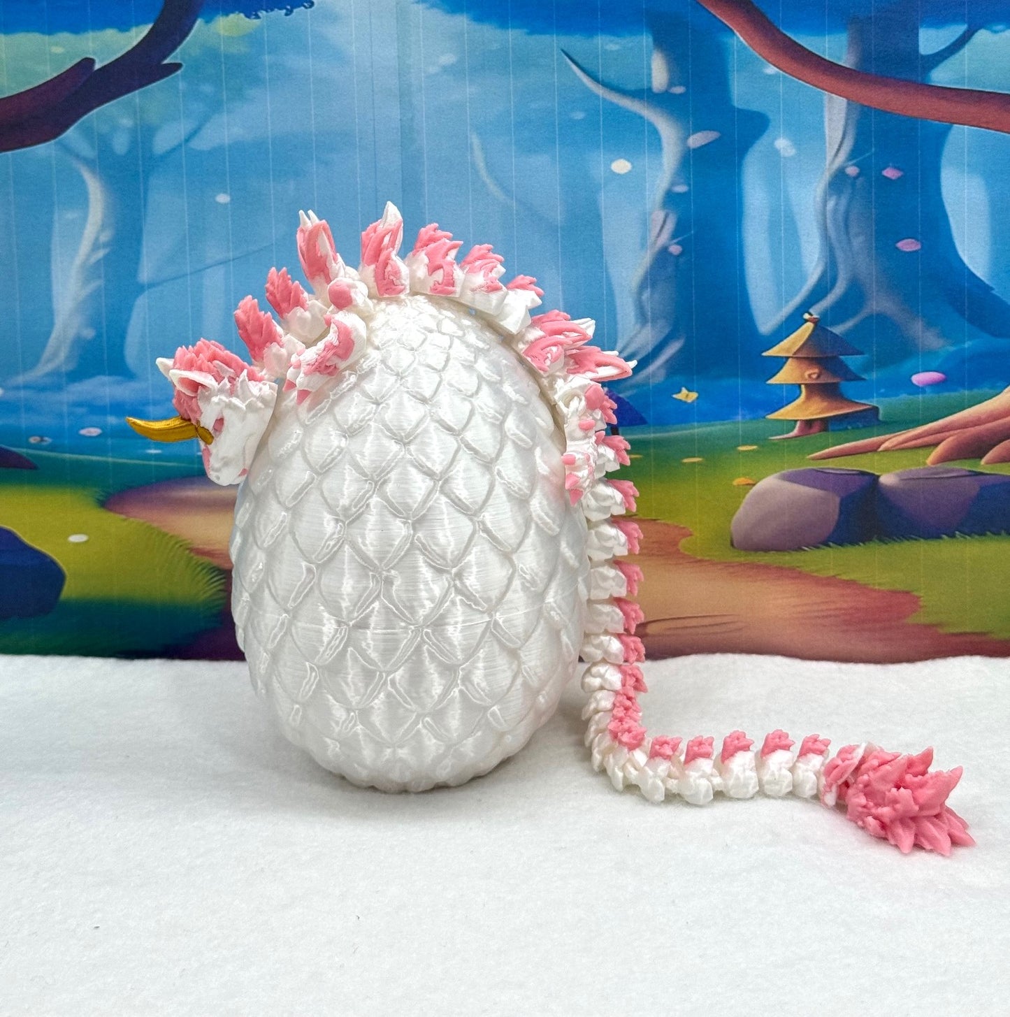 3D Printed Dragon with Egg, Articulated White and Pink Unicorn Dragon, Fidget ADHD Dragon Toy - D051-WE