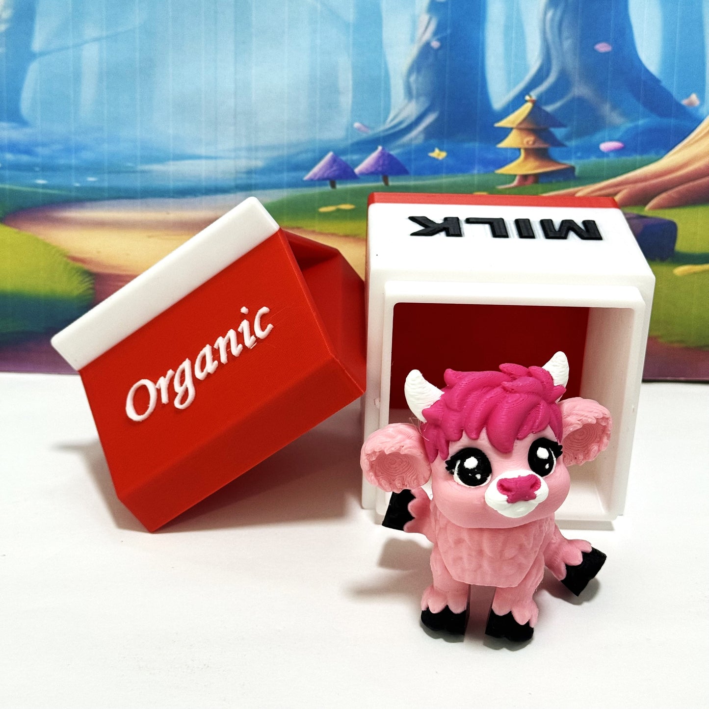 3D Printed Articulated Baby Highland Cow Figures, Farm Animal Fidget Toy Party Decorations BHC002-PINK-REDMC