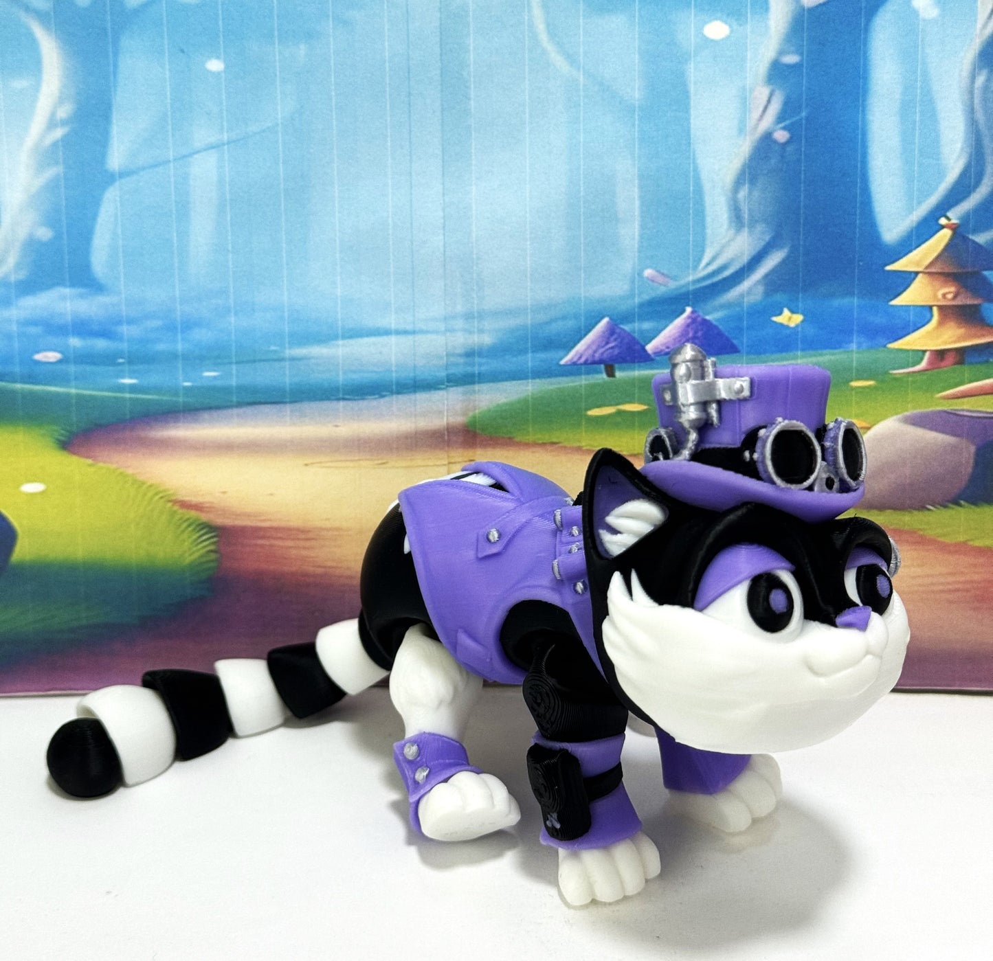 3D Printed Articulated Steampunk Cat Figurine, 8 Inches Purple Posable Cat Figure ASPCAT-PURPLE