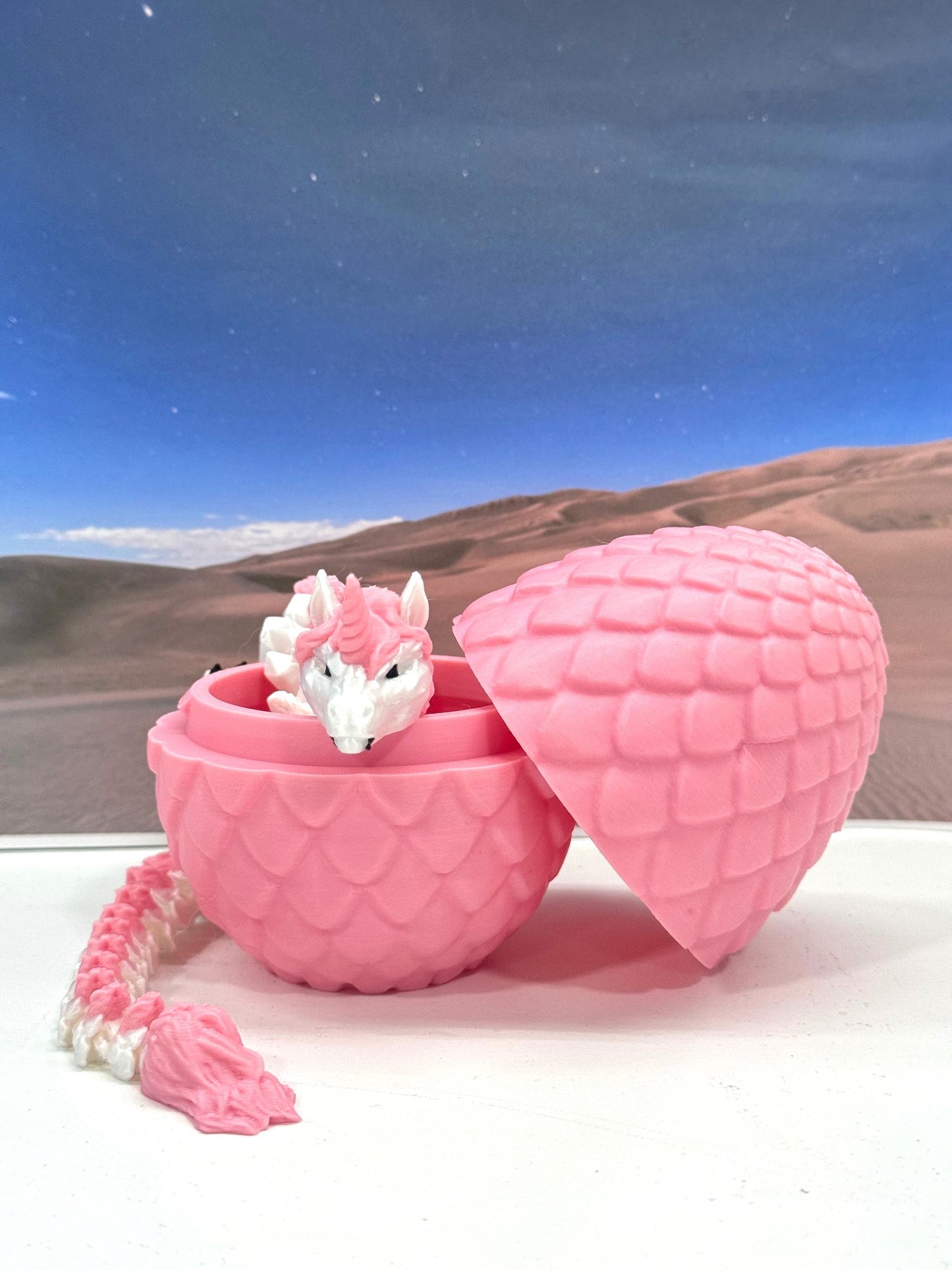 3D Printed Dragon with Egg, Articulated White and Pink Unicorn Dragon, Fidget ADHD Dragon Toy - D061-PE