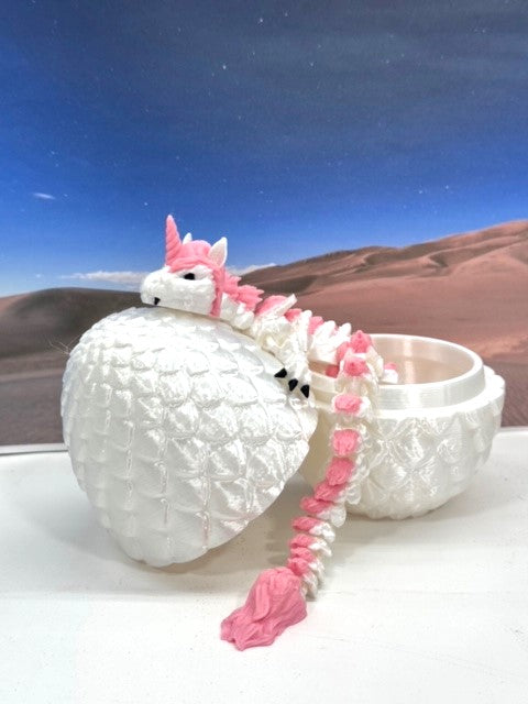 3D Printed Dragon with Egg, Articulated White and Pink Unicorn Dragon, Fidget ADHD Dragon Toy - D061-WE
