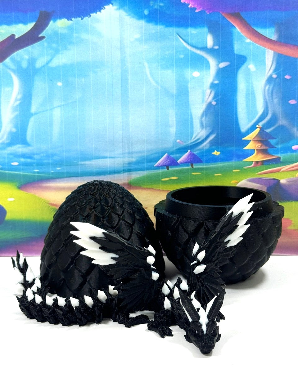 3D Printed Dragon with Egg, Articulated Black and White Crystal Winged Dragon, Fidget ADHD Dragon Toy - CW012-BE