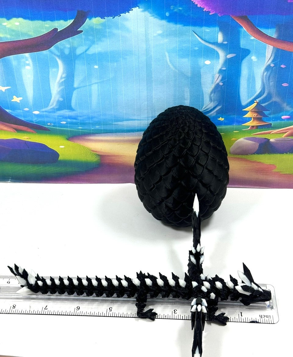 3D Printed Dragon with Egg, Articulated Black and White Crystal Winged Dragon, Fidget ADHD Dragon Toy - CW012-BE