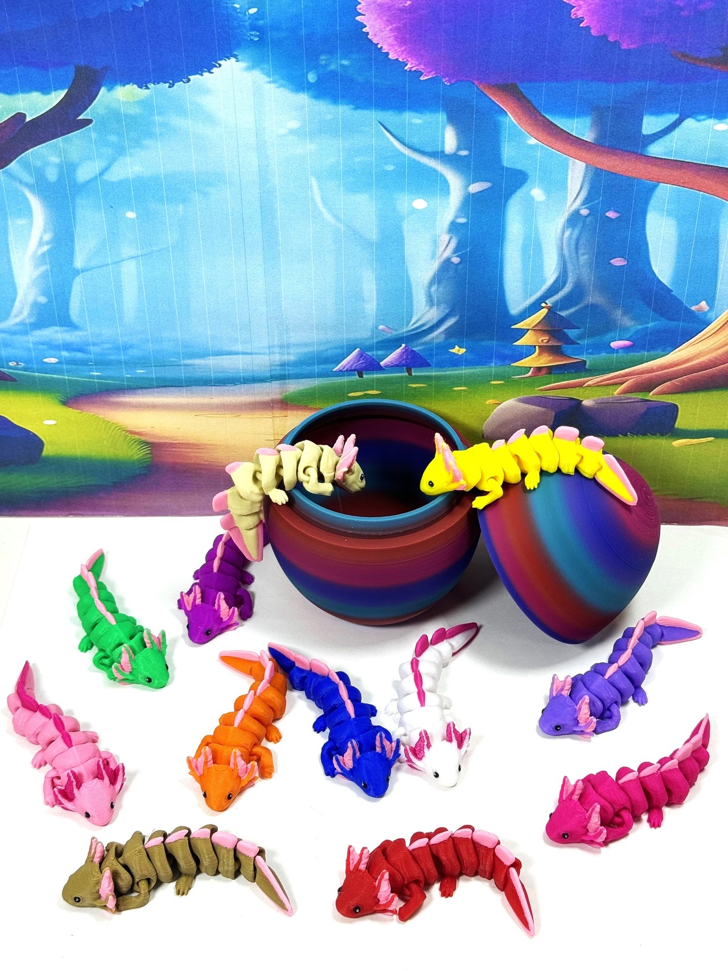 12pcs Cute 3D Printed Articulated Baby Axolotl with Egg, Colorful Fidget Axolotl, Tiny Animal Figures, Birthday Party Decorations BA001-SET-RBW2