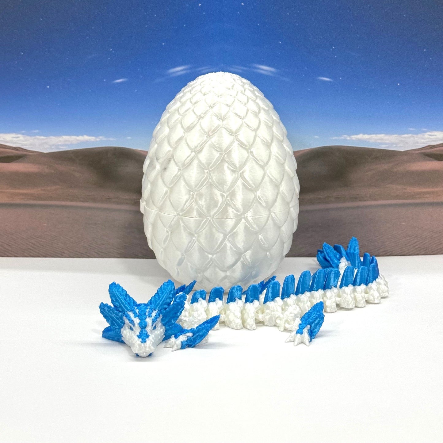 3D Printed Dragon with Egg, Articulated White and Blue Axolotl Dragon, Fidget ADHD Dragon Toy - D041-WB
