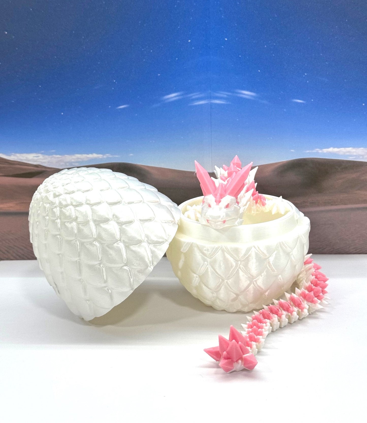 3D Printed Dragon with Egg, Articulated White and Pink Crystal Dragon, Fidget ADHD Dragon Toy - D062WP