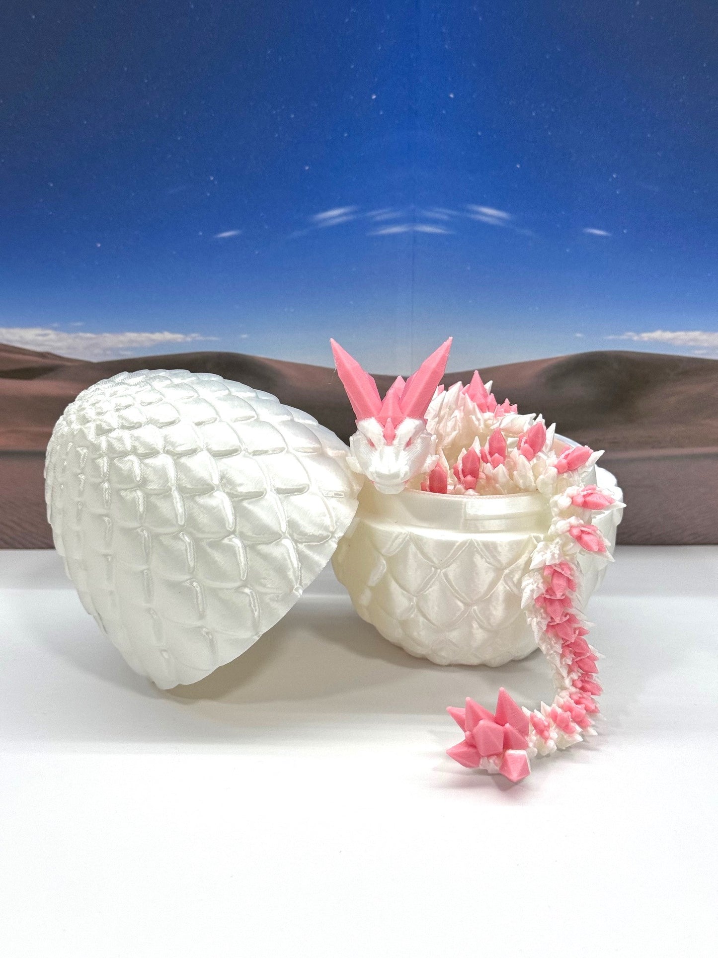 3D Printed Dragon with Egg, Articulated White and Pink Crystal Dragon, Fidget ADHD Dragon Toy - D062WP