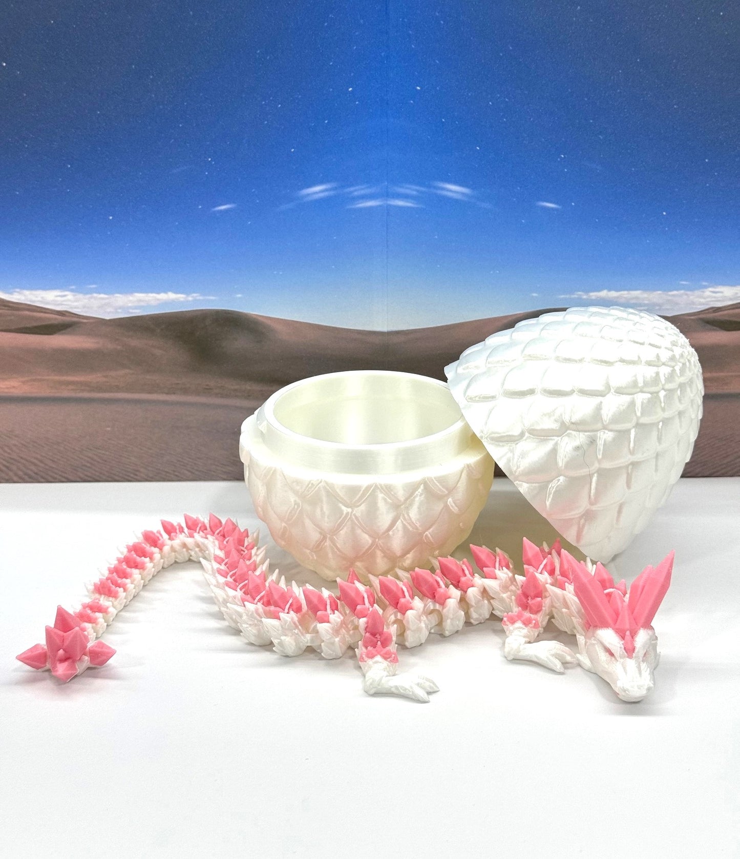 3D Printed Dragon with Egg, Articulated White and Pink Crystal Dragon, Fidget ADHD Dragon Toy - D062WP