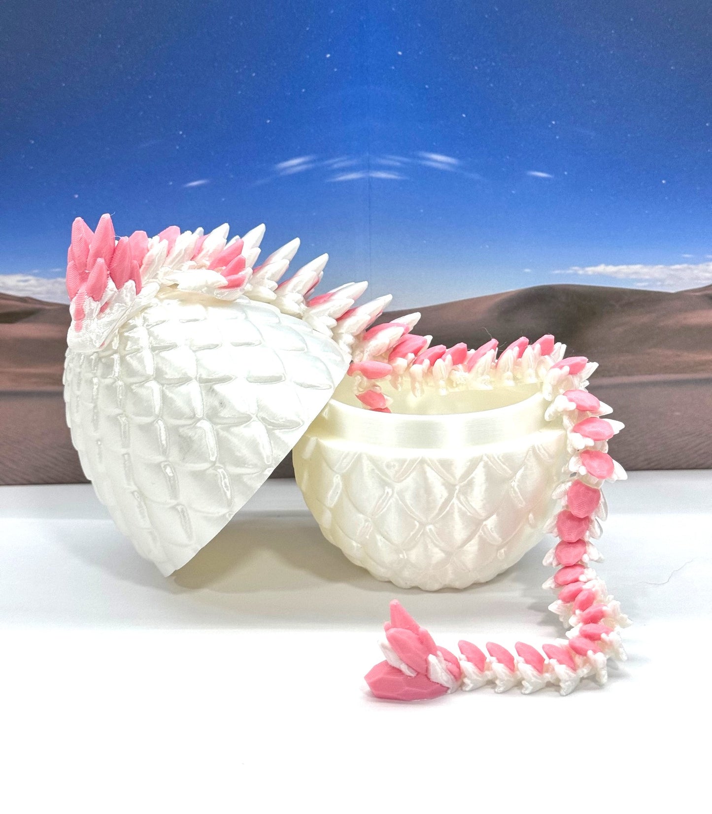 3D Printed Dragon with Egg, Articulated White and Pink Gemstone Dragon, Fidget ADHD Dragon Toy - D063WP