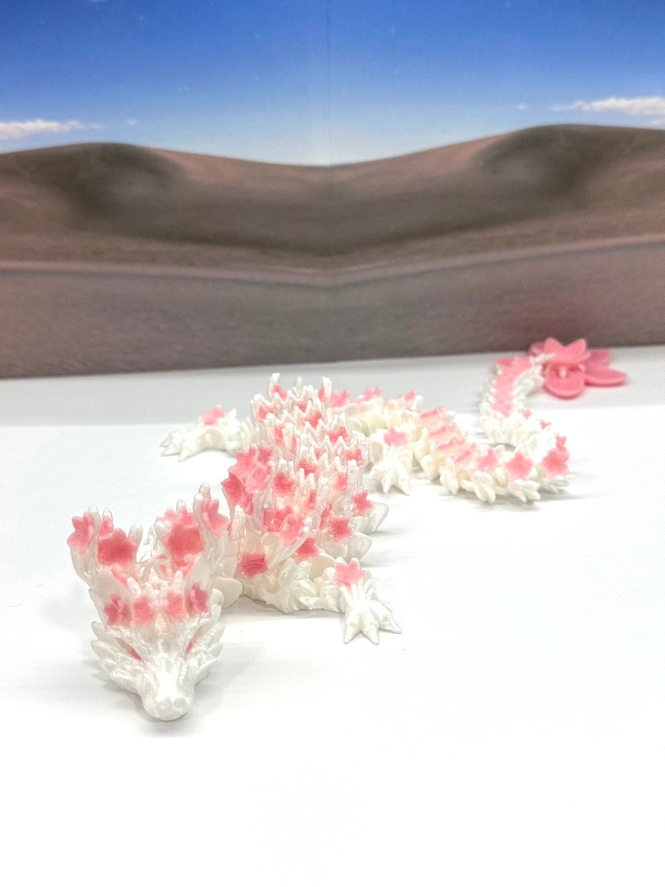 3D Printed Dragon with Egg, Articulated White and Pink Cherry Blossom Dragon, Fidget ADHD Dragon Toy - D017-PNK