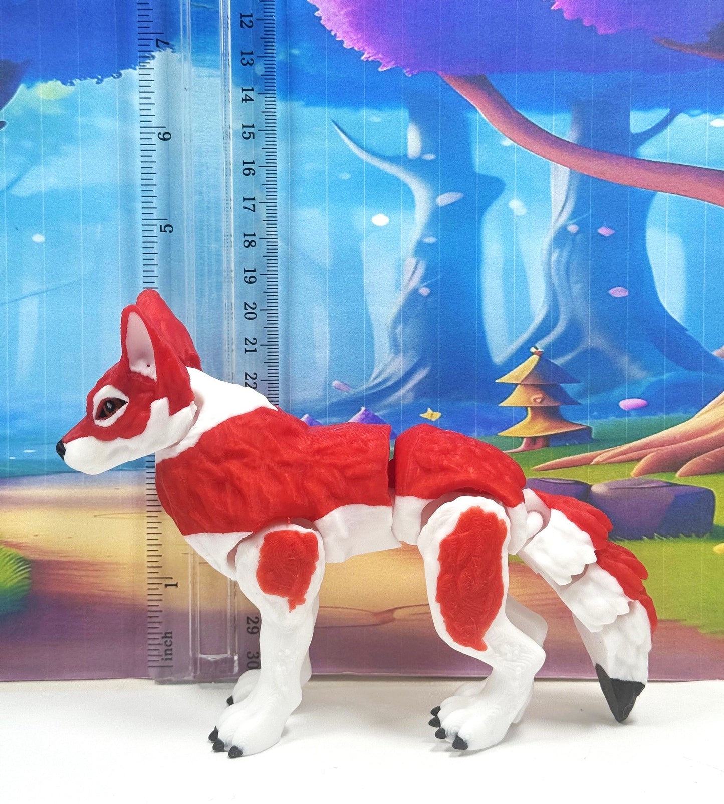 3D Printed Wolf, 4.75" White and Red Articulated Wolf Toy, Executive Desk Decor, Fidget Toy WC3002-RED
