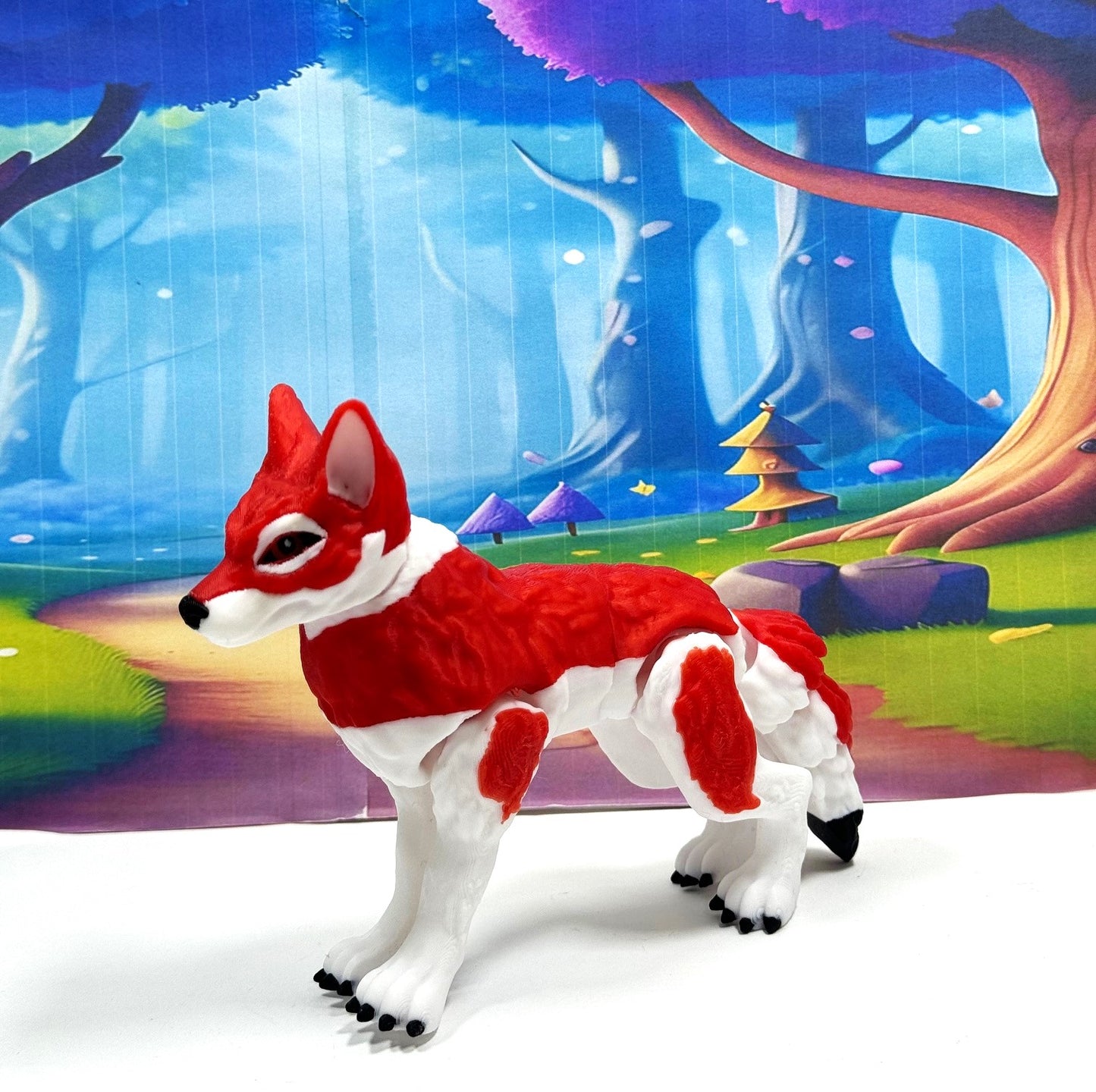 3D Printed Wolf, 4.75" White and Red Articulated Wolf Toy, Executive Desk Decor, Fidget Toy WC3002-RED