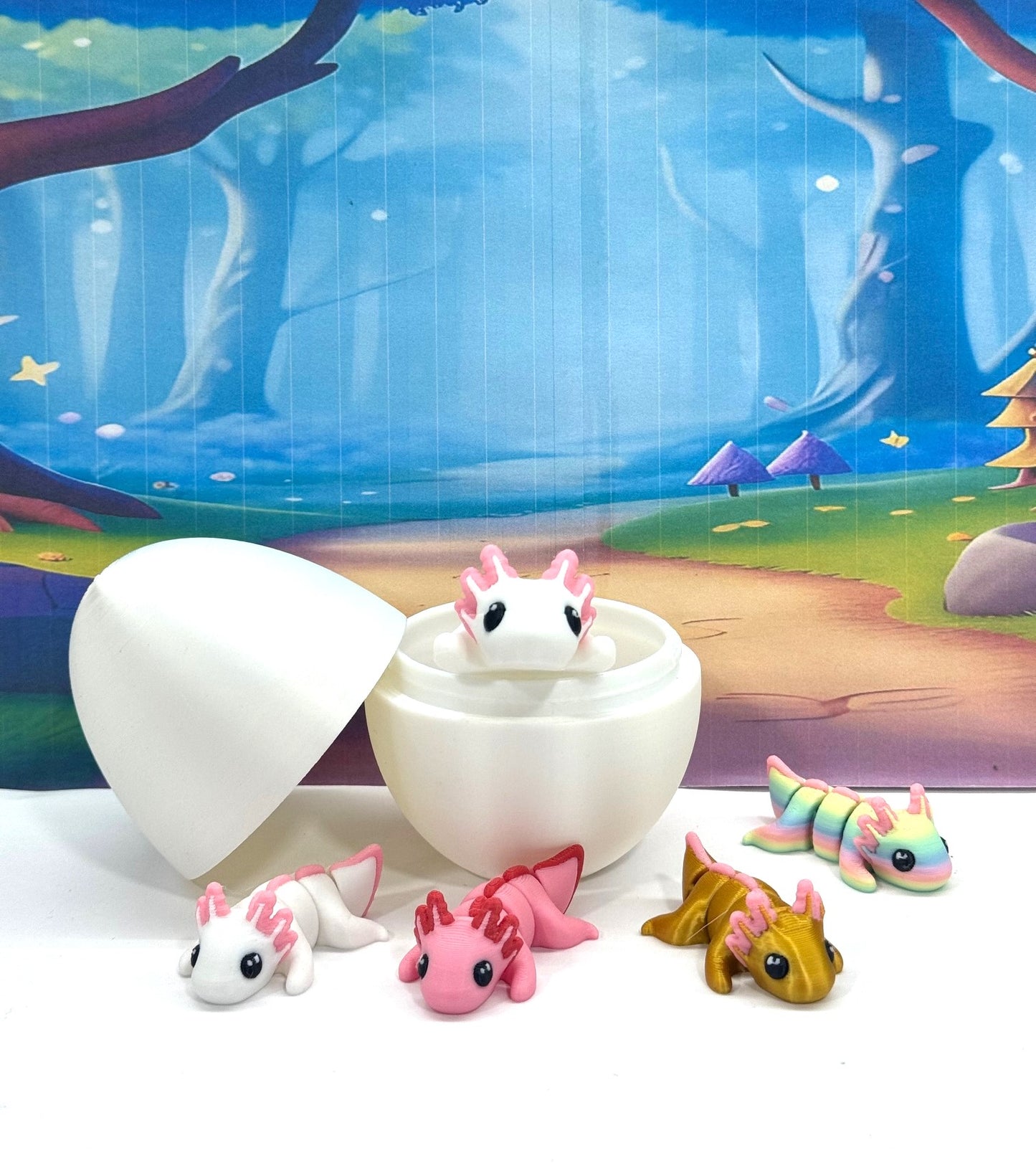 3D Printed Articulated Mini Axolotl with Egg, 5pcs Colorful Fidget Mini Axolotl Figures, Tiny Animal Figures, Birthday Party Decorations MA001-5X