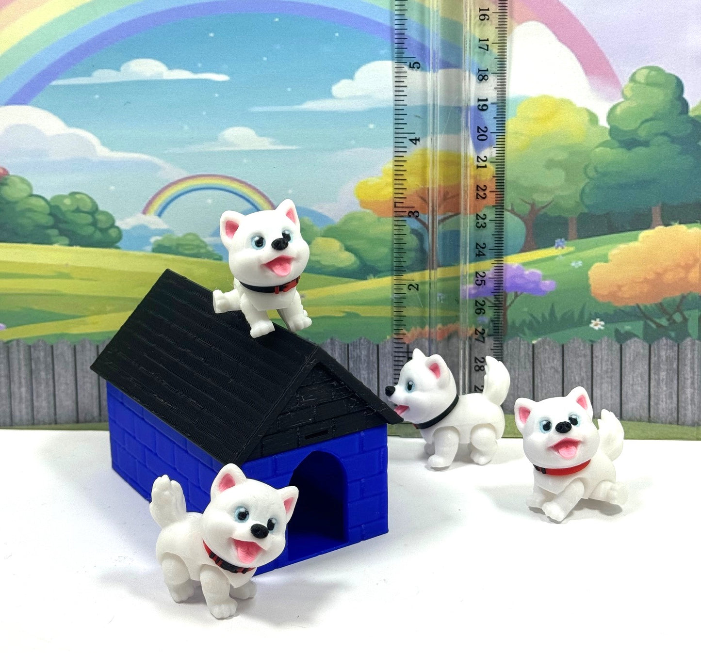 4pcs 3D Printed Dog with Dog House, Articulated Baby Husky Chibi Edition Toy, White Posable and Movable Head and Joints Animal, Fidget ADHD Autism Toy CH001-WHT-BH