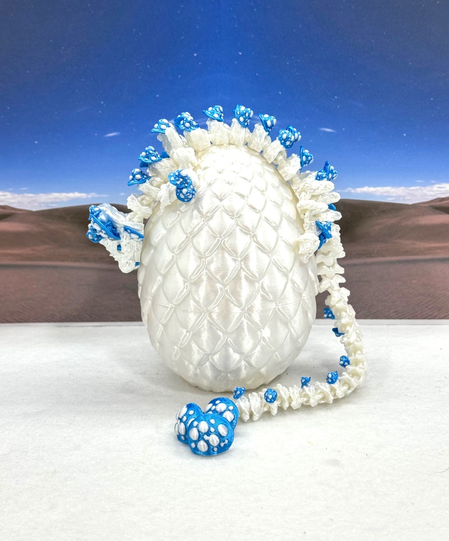 3D Printed Dragon with Egg, Articulated White and Pink Mushroom Dragon, Fidget ADHD Dragon Toy - D046WB