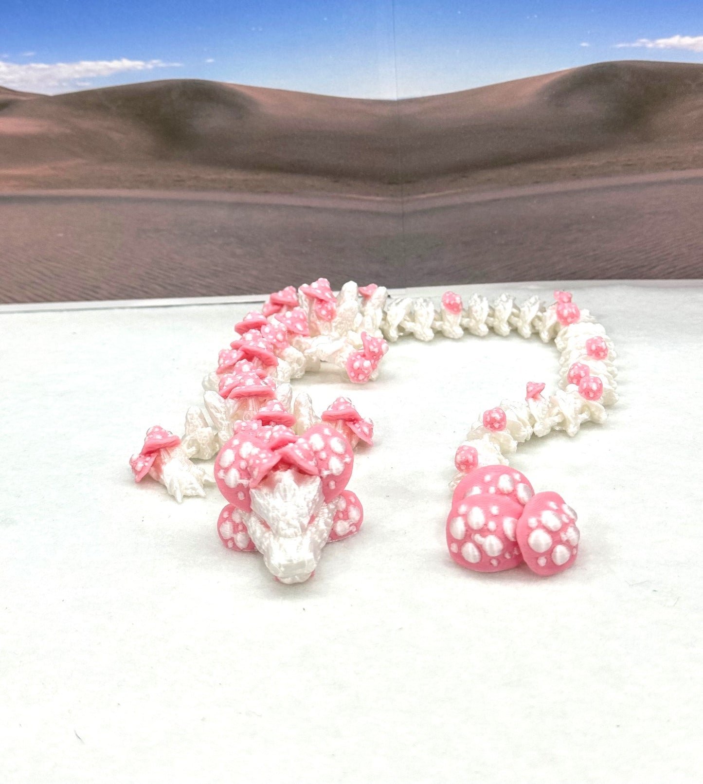 3D Printed Dragon with Egg, Articulated White and Pink Mushroom Dragon, Fidget ADHD Dragon Toy - D046WP-PE