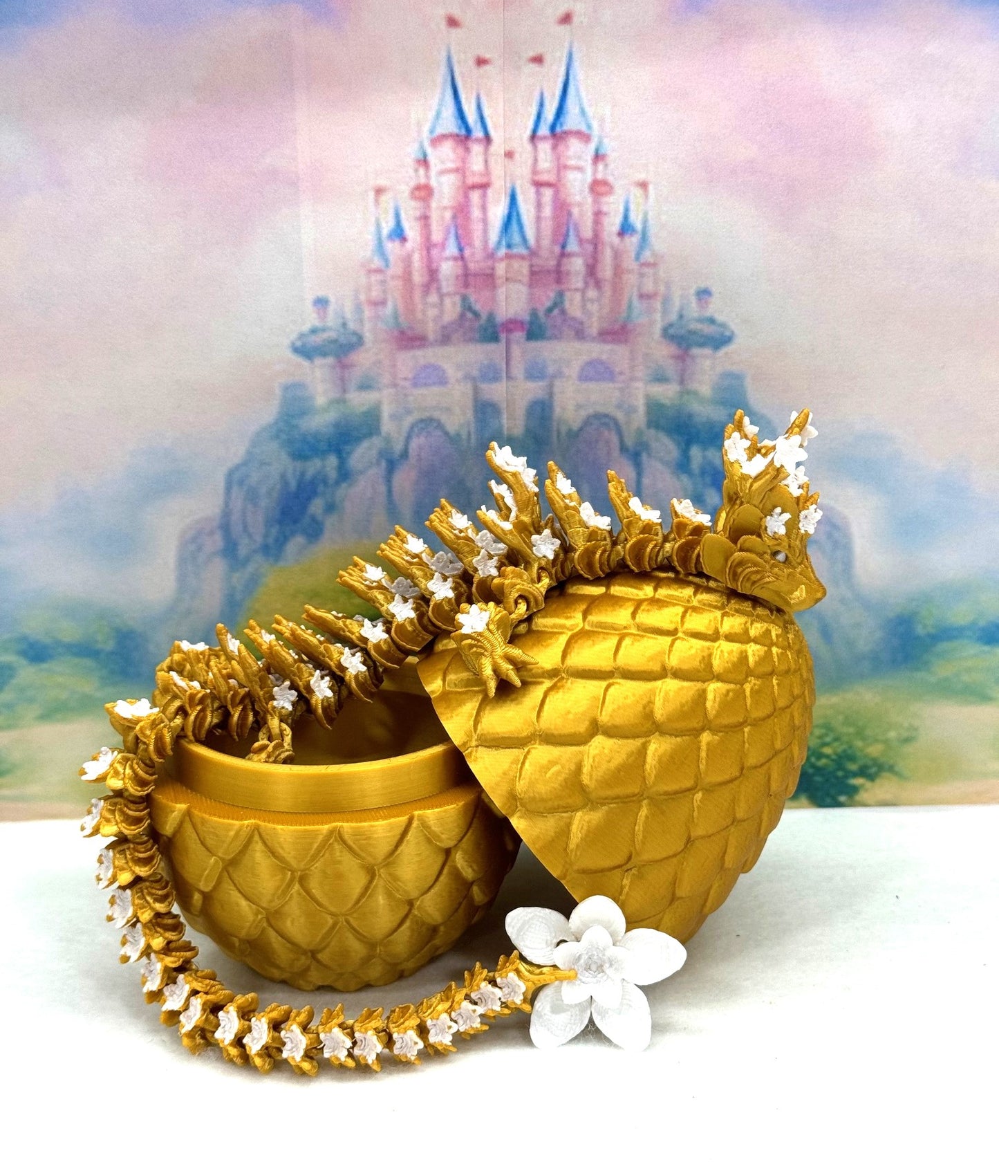 3D Printed Dragon with Egg, Articulated Gold Cherry Blossom Dragon, Fidget ADHD Dragon Toy - D032-GE