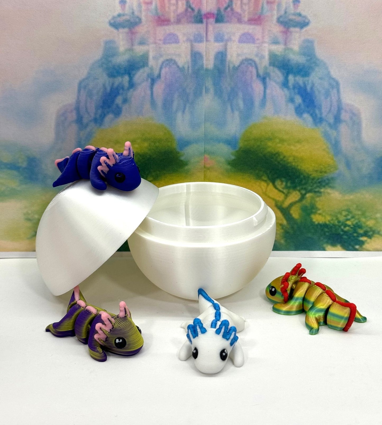 3D Printed Articulated Mini Axolotl with Egg, 4pcs Colorful Fidget Mini Axolotl Figures, Tiny Animal Figures, Birthday Party Decorations MA002