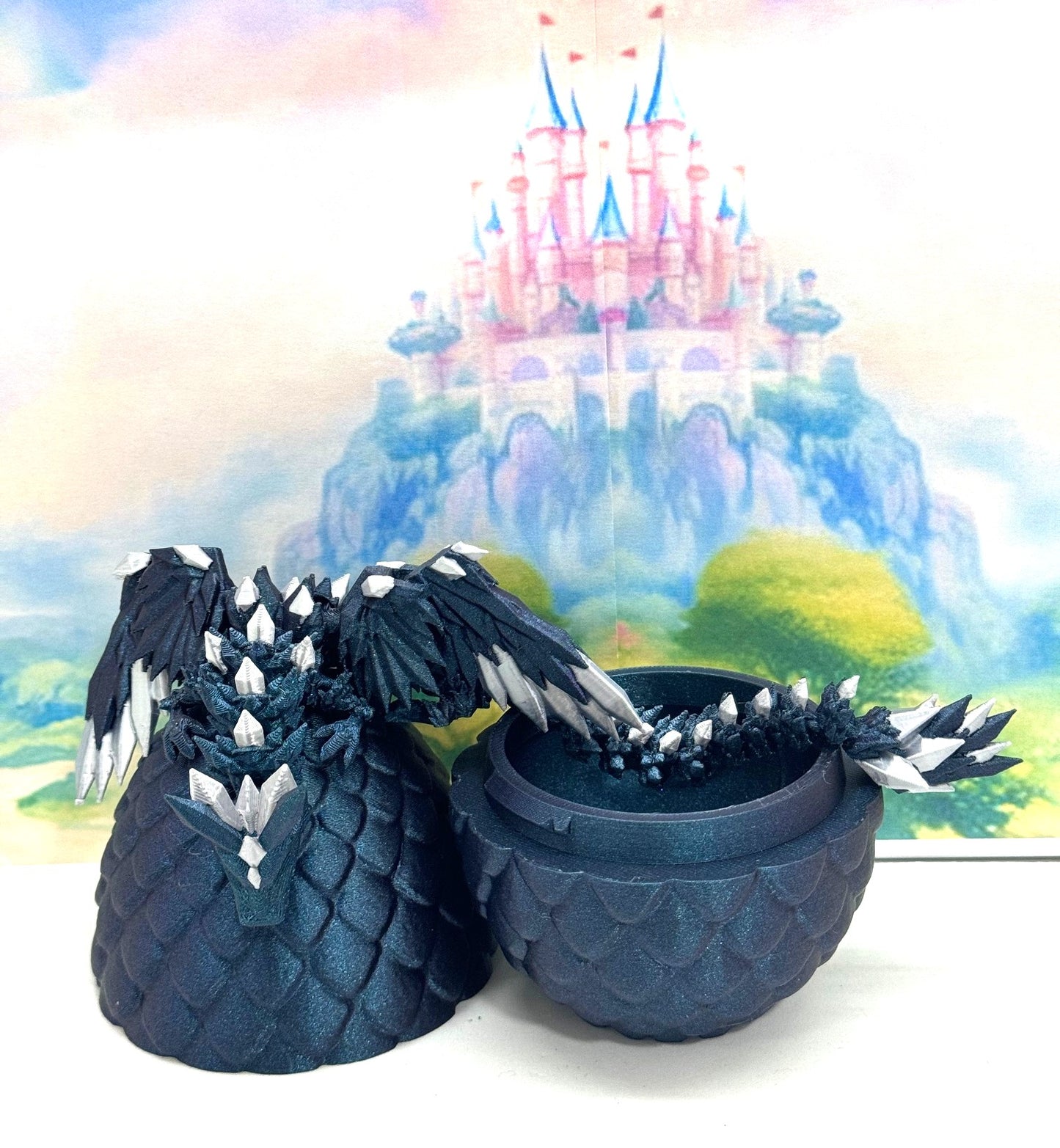 3D Printed Dragon with Egg, Articulated Blue Crystal Winged Dragon, Fidget ADHD Dragon Toy - CW009