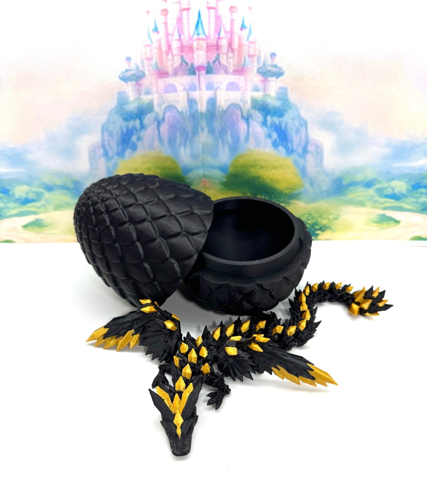 Articulated Dragon with Egg, 3D Printed Black Crystal Winged Dragon, Fidget ADHD Dragon Toy - CW004-BE