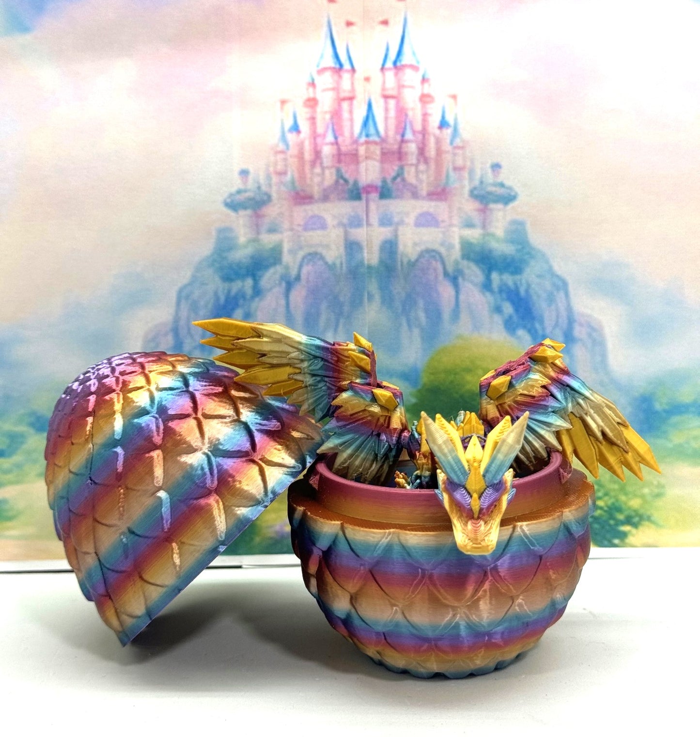 3D Printed Dragon with Egg, Articulated Rainbow Nebula Crystal Winged Dragon, Fidget ADHD Dragon Toy - CW006