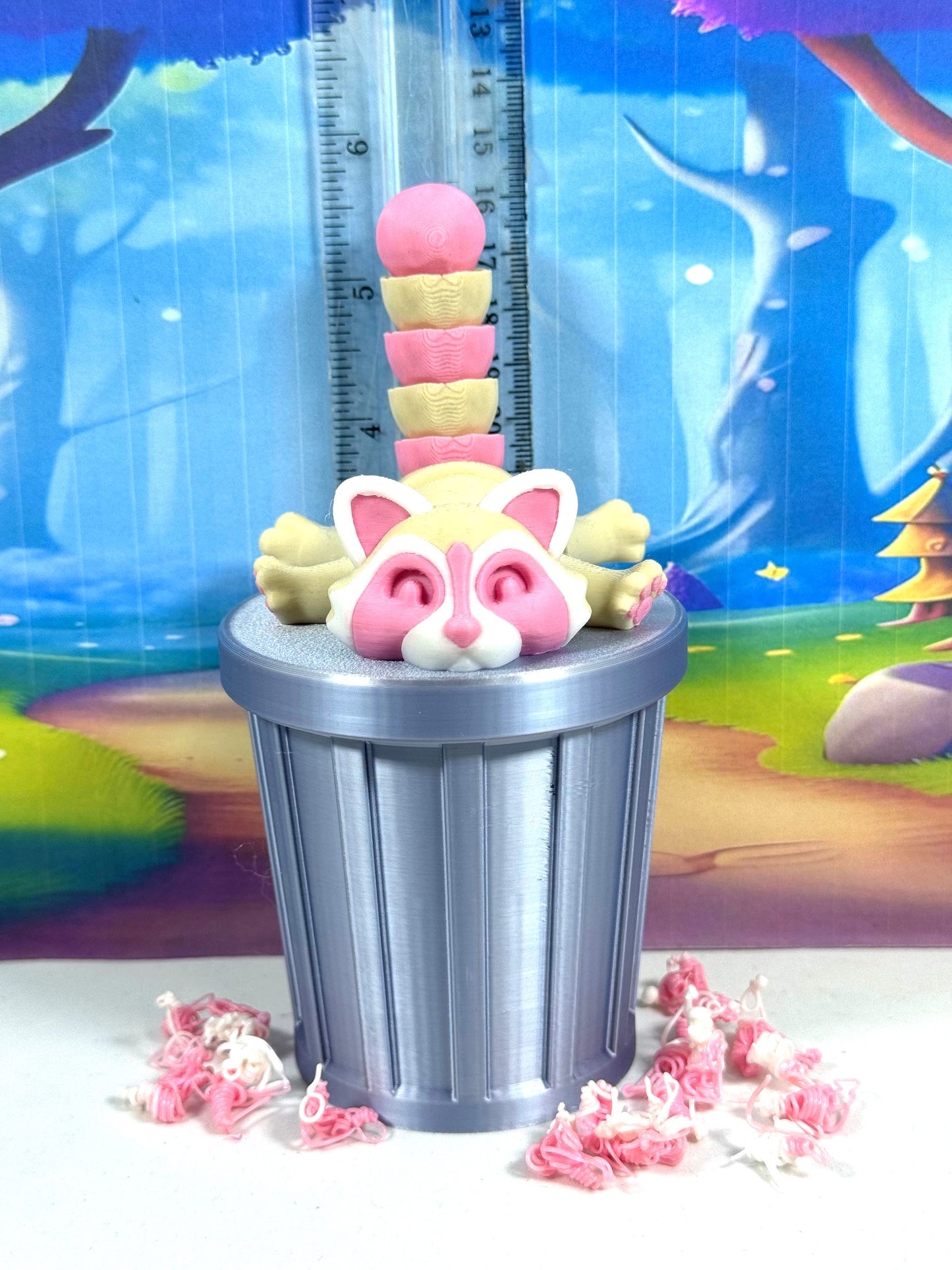 3pcs 3D Printed Racoon with Trashcan, Articulated Strawberry Milk Trash Panda Racoons, Tiny Fidget Animal Figures, Fidget ADHD Autism Toy AR007-SET