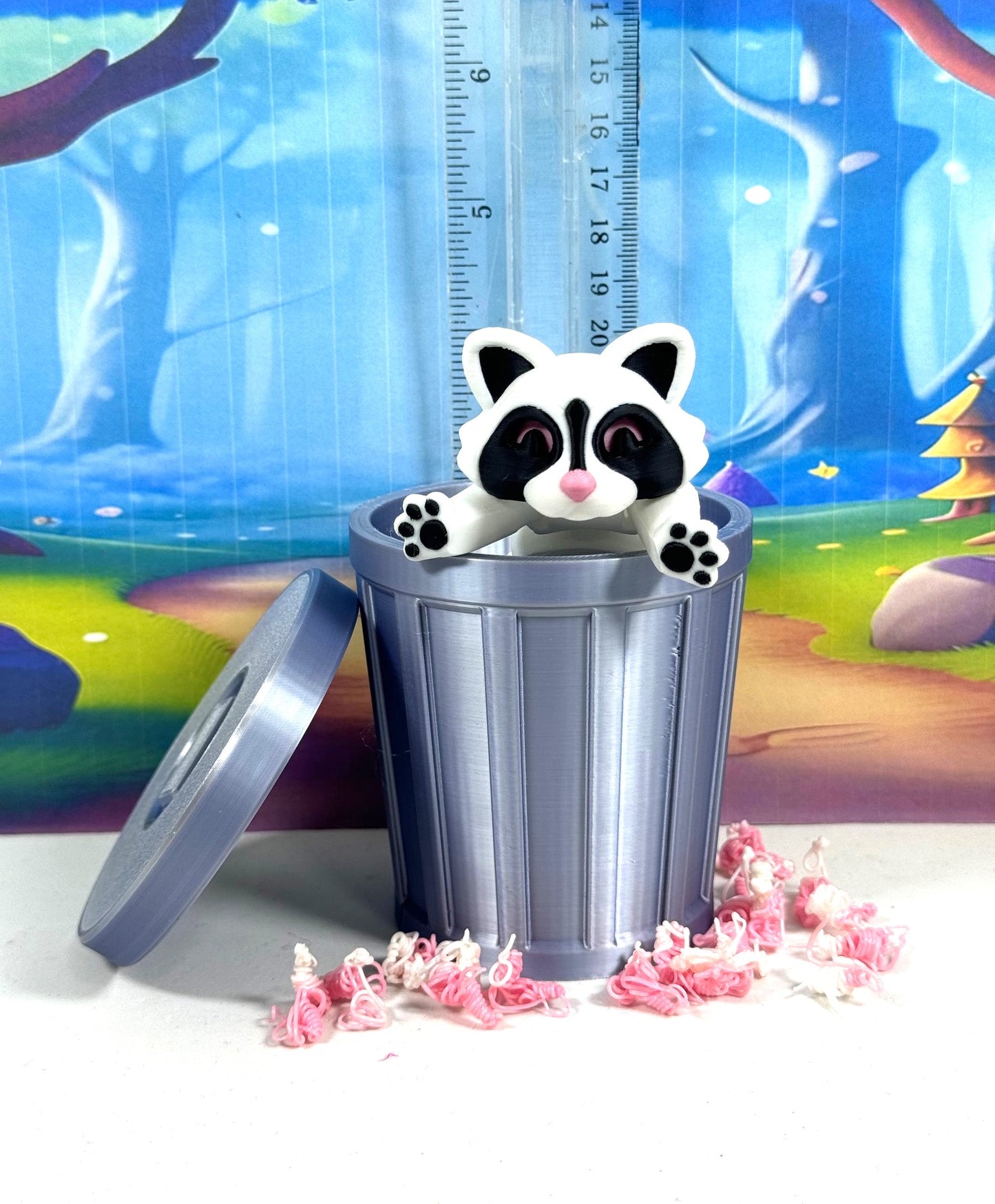 3PCS 3D Printed Racoon with Trashcan, Articulated White and Black Trash Panda racoons, Tiny Animal Figures, Birthday Party Decorations AR004-SET