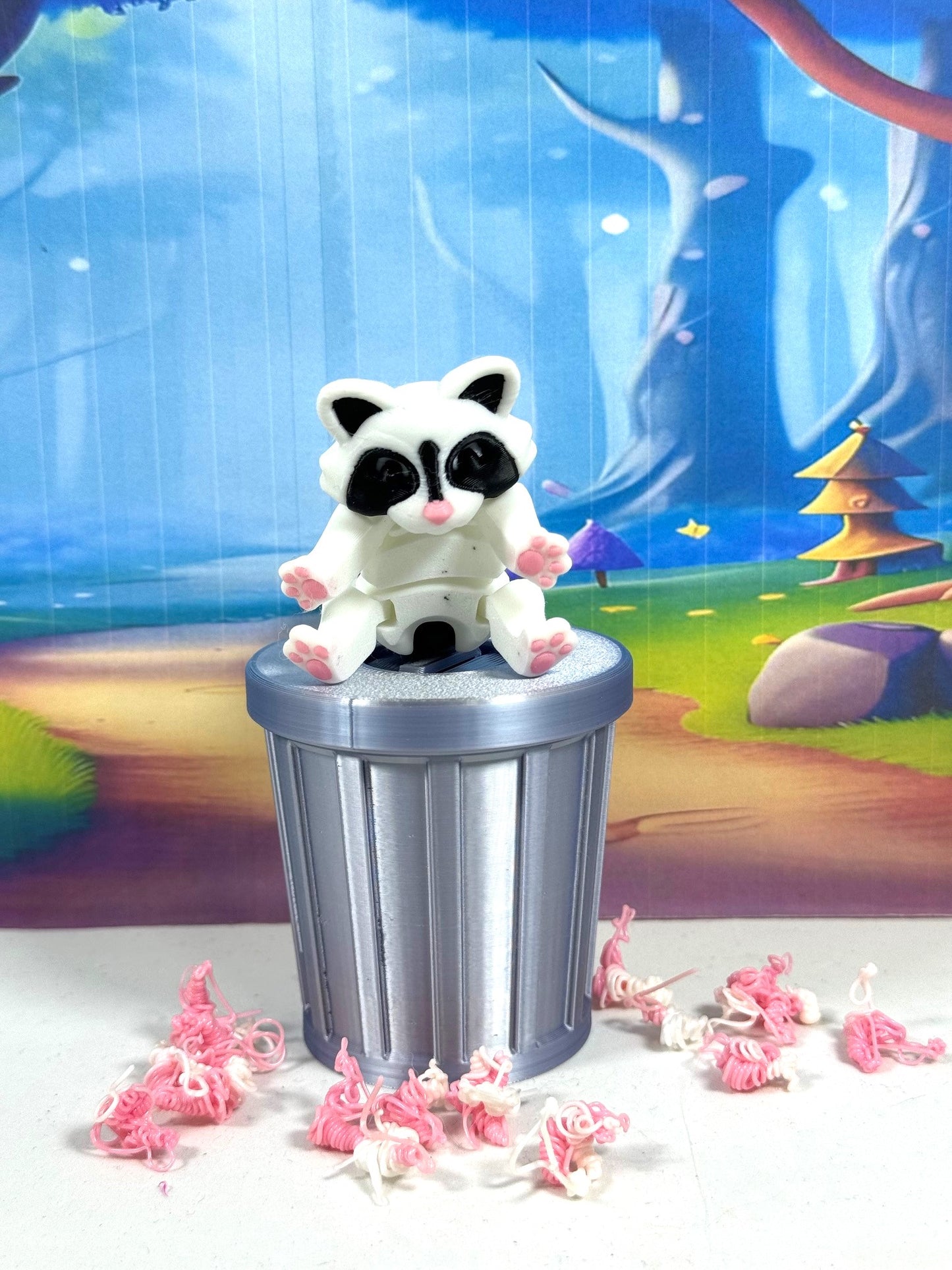 3PCS 3D Printed Racoon with Trashcan, Articulated White and Black Trash Panda racoons, Tiny Animal Figures, Birthday Party Decorations AR004-SET