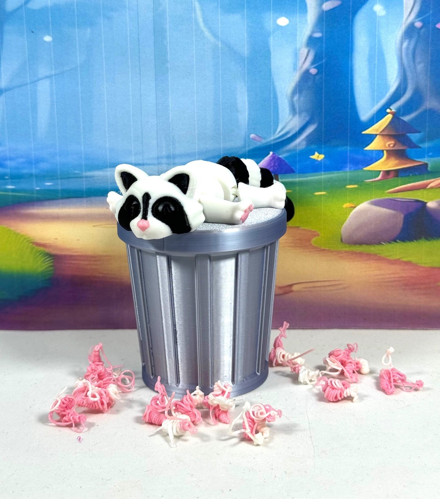 3PCS 3D Printed Racoon with Trashcan, Articulated White and Black Trash Panda racoons, Tiny Animal Figures, Birthday Party Decorations AR004-SET