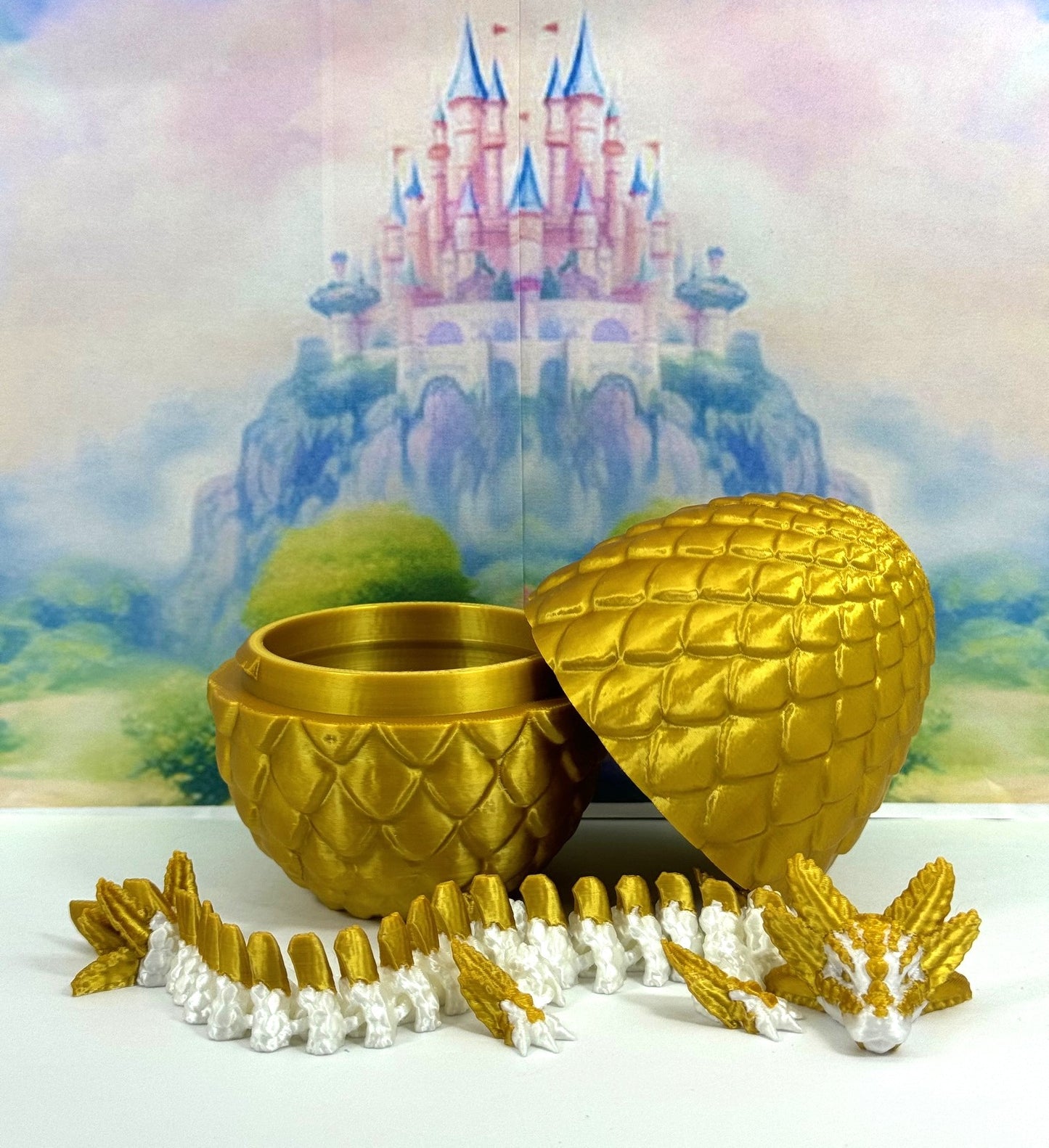 3D Printed Dragon with Egg, Articulated White and Gold Axolotl Dragon, Fidget ADHD Dragon Toy - D042-GE