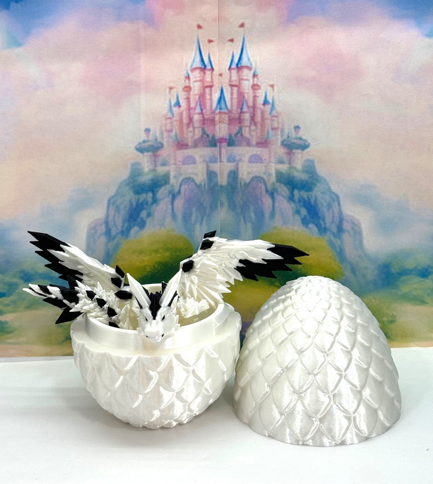 3D Printed Dragon with Egg, Articulated White and Black Crystal Winged Dragon, Fidget ADHD Dragon Toy - CW011-WE