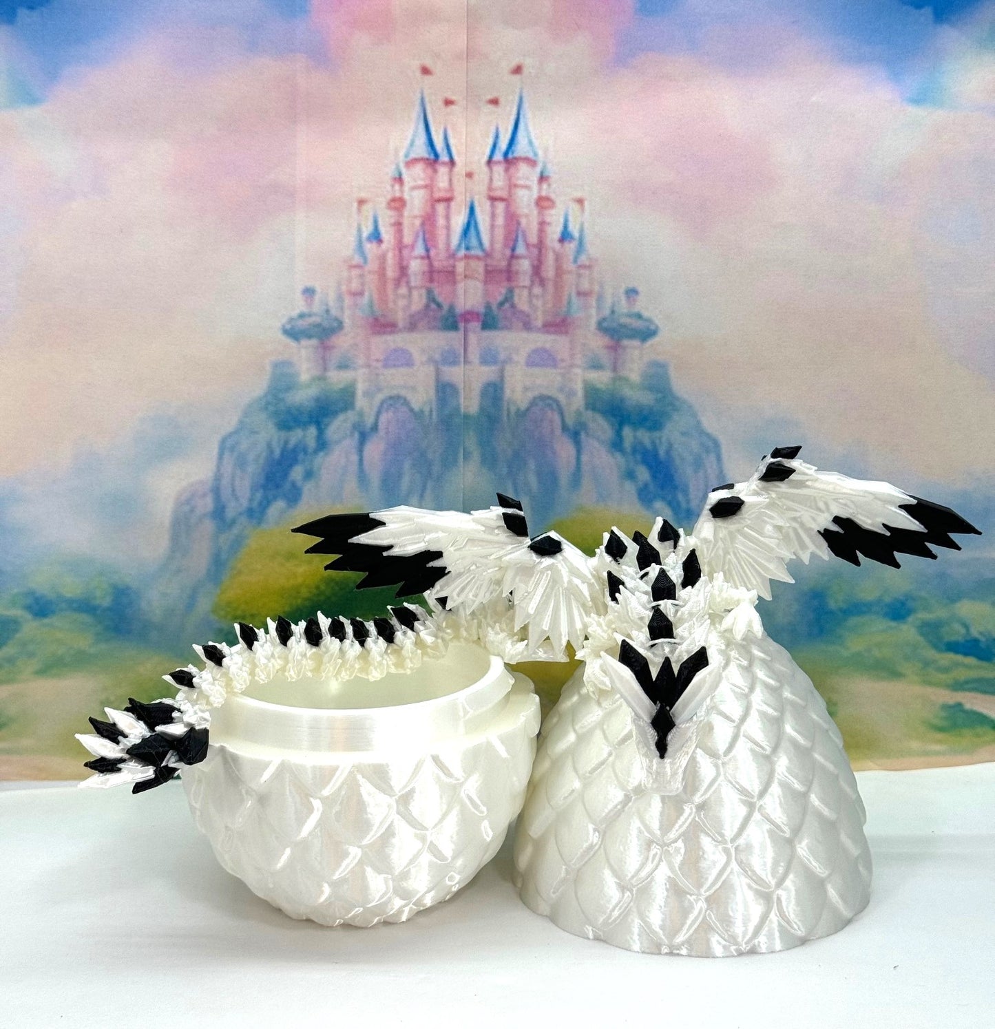 3D Printed Dragon with Egg, Articulated White and Black Crystal Winged Dragon, Fidget ADHD Dragon Toy - CW011-WE
