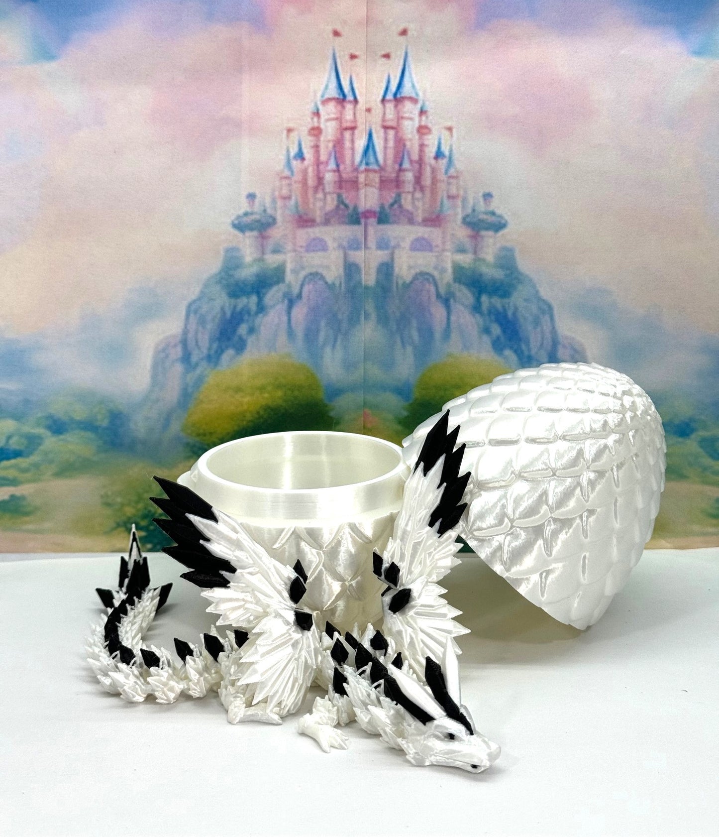 3D Printed Dragon with Egg, Articulated White and Black Crystal Winged Dragon, Fidget ADHD Dragon Toy - CW011-WE