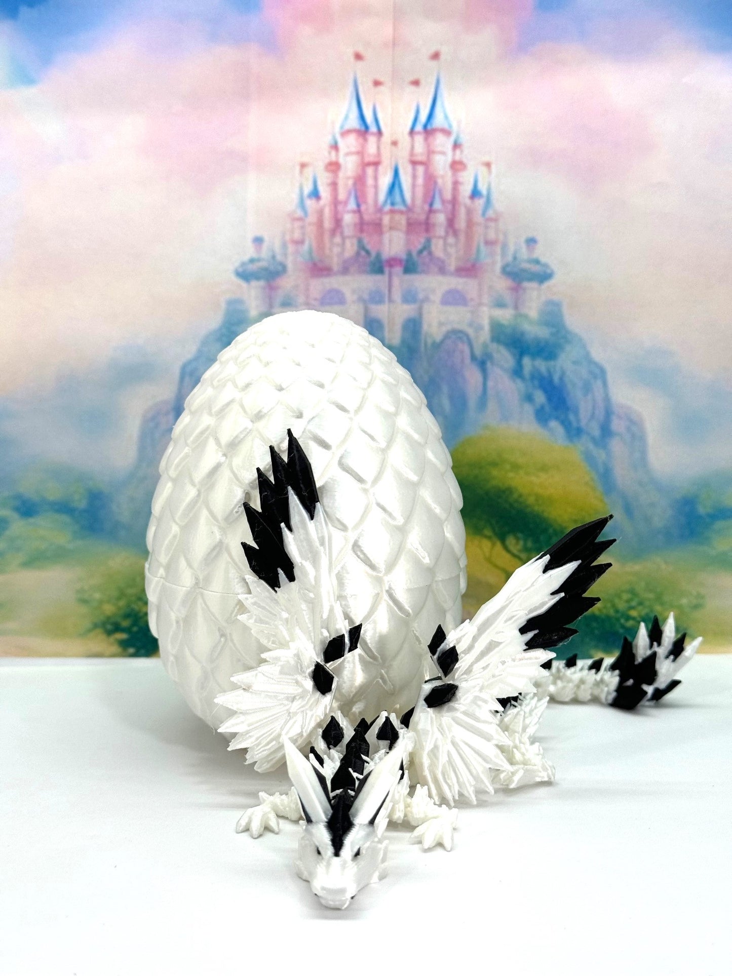 3D Printed Dragon with Egg, Articulated White and Black Crystal Winged Dragon, Fidget ADHD Dragon Toy - CW011-WE