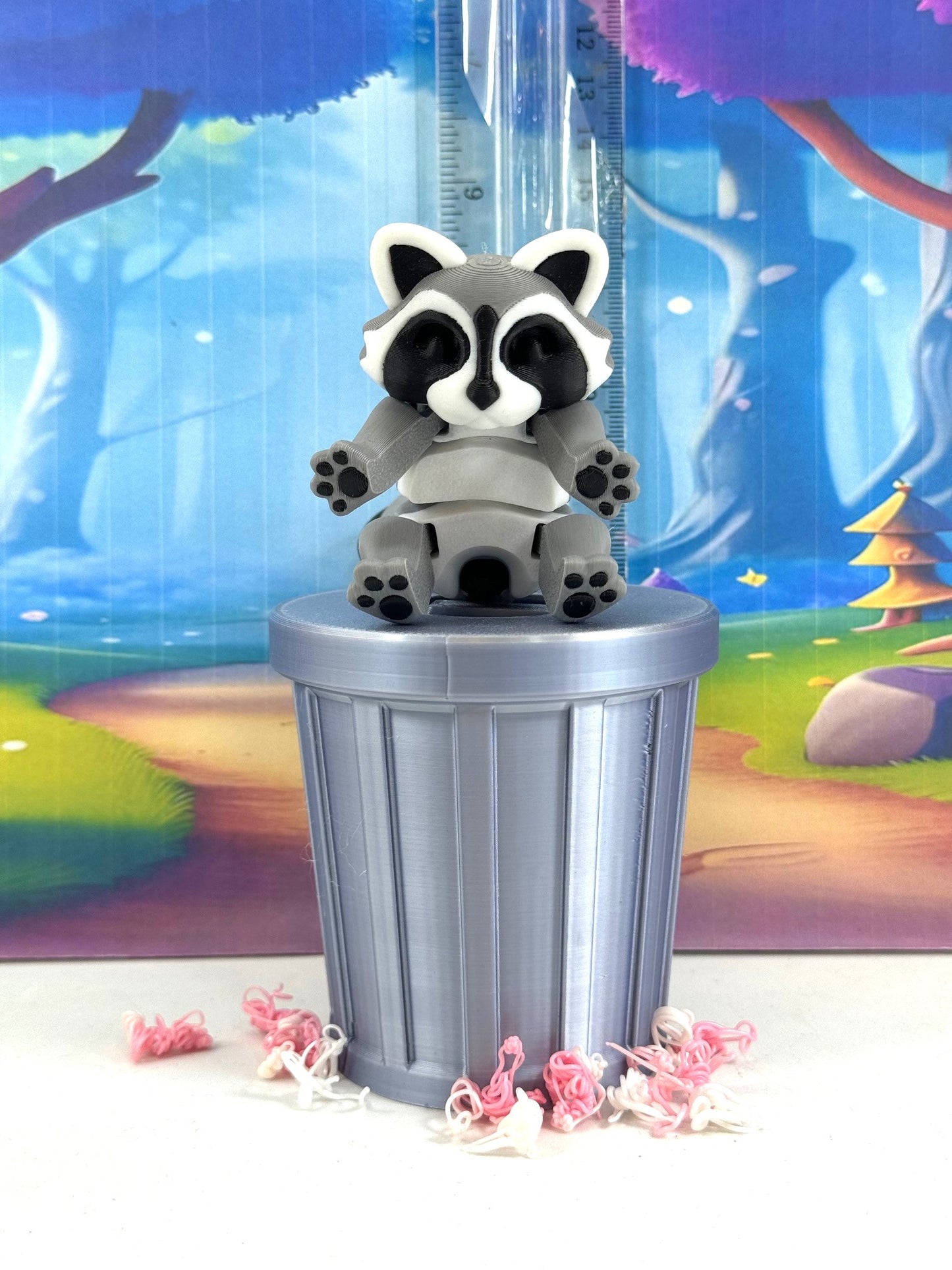 3D Printed Racoon with Trashcan, Articulated Gray and Black Trash Panda racoons, Tiny Animal Figures, Birthday Party Decorations AR001